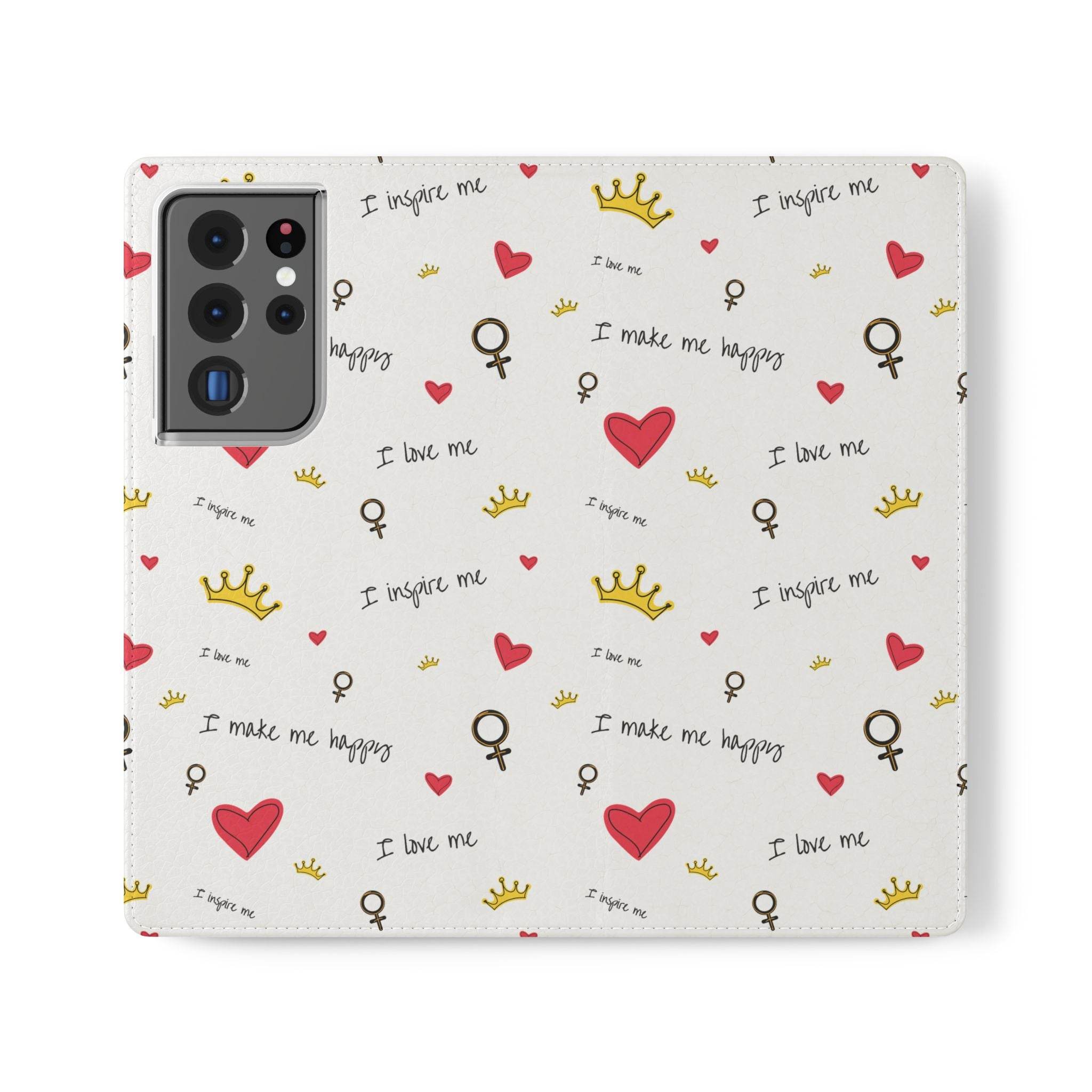 Printify eco-friendly flip phone cases with white background, red hearts, crowns, and inspirational text design