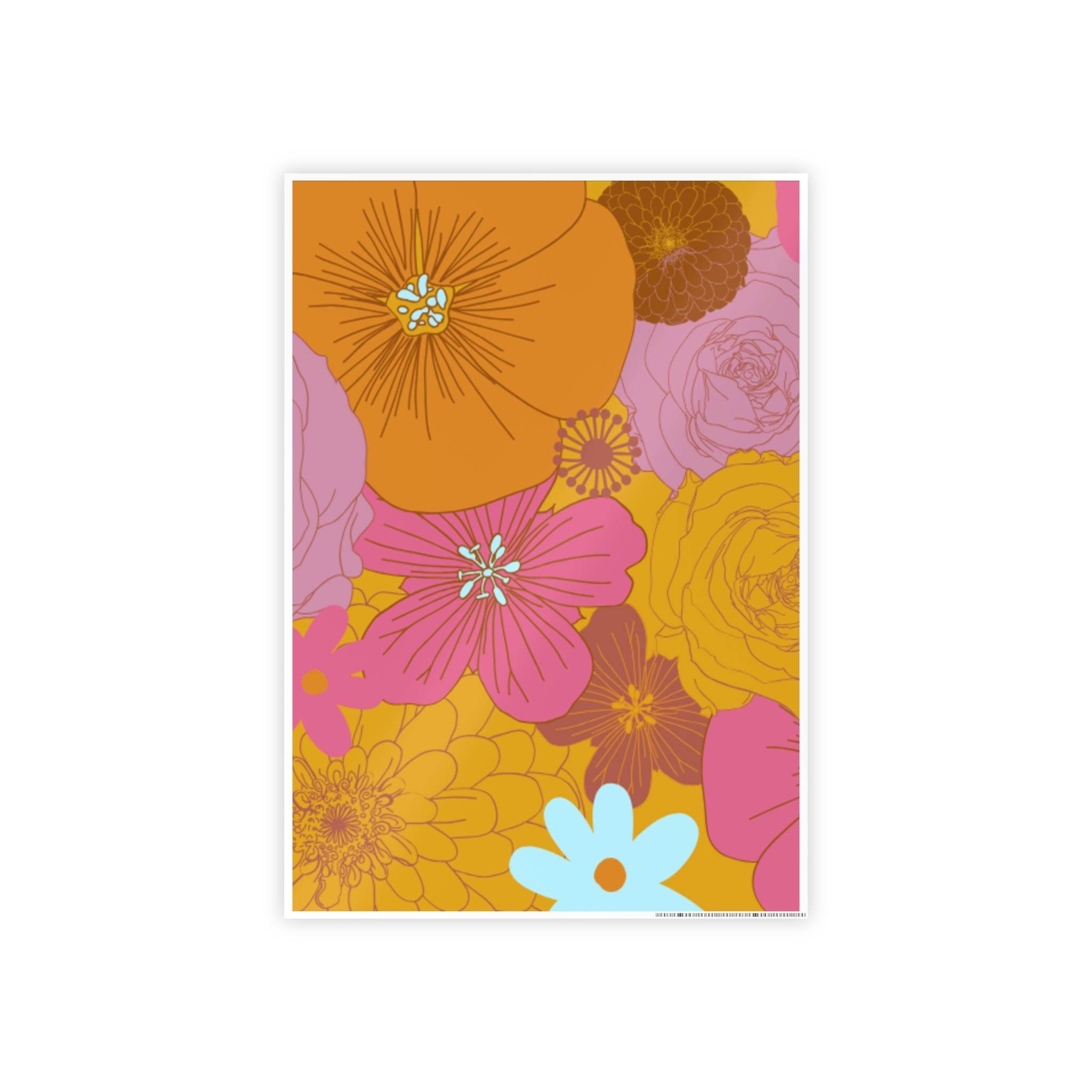 Printify eco-friendly flower posters featuring vibrant orange pink and yellow floral design