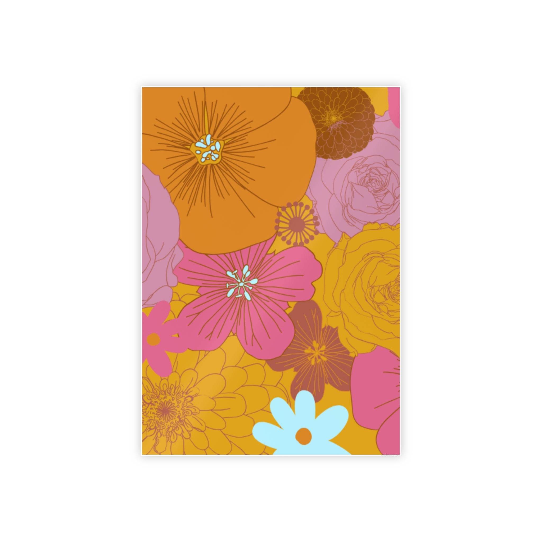 Printify eco-friendly flower posters with vibrant orange yellow pink and blue floral design