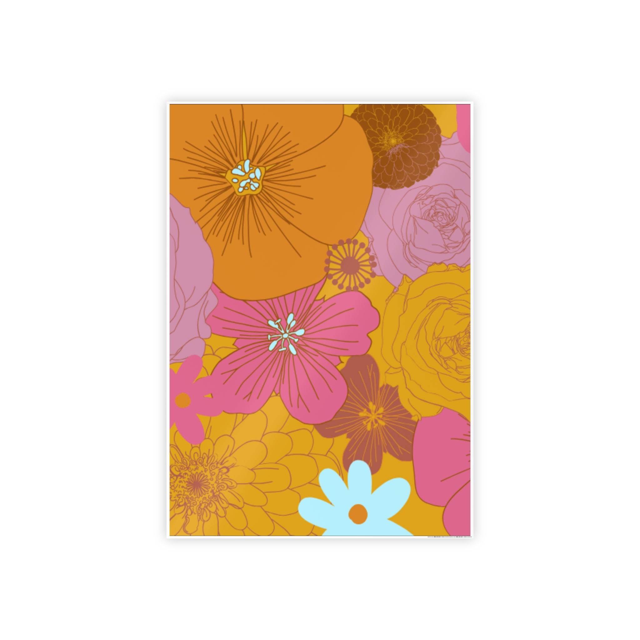 Printify eco-friendly flower posters featuring colorful abstract floral designs in orange pink and yellow