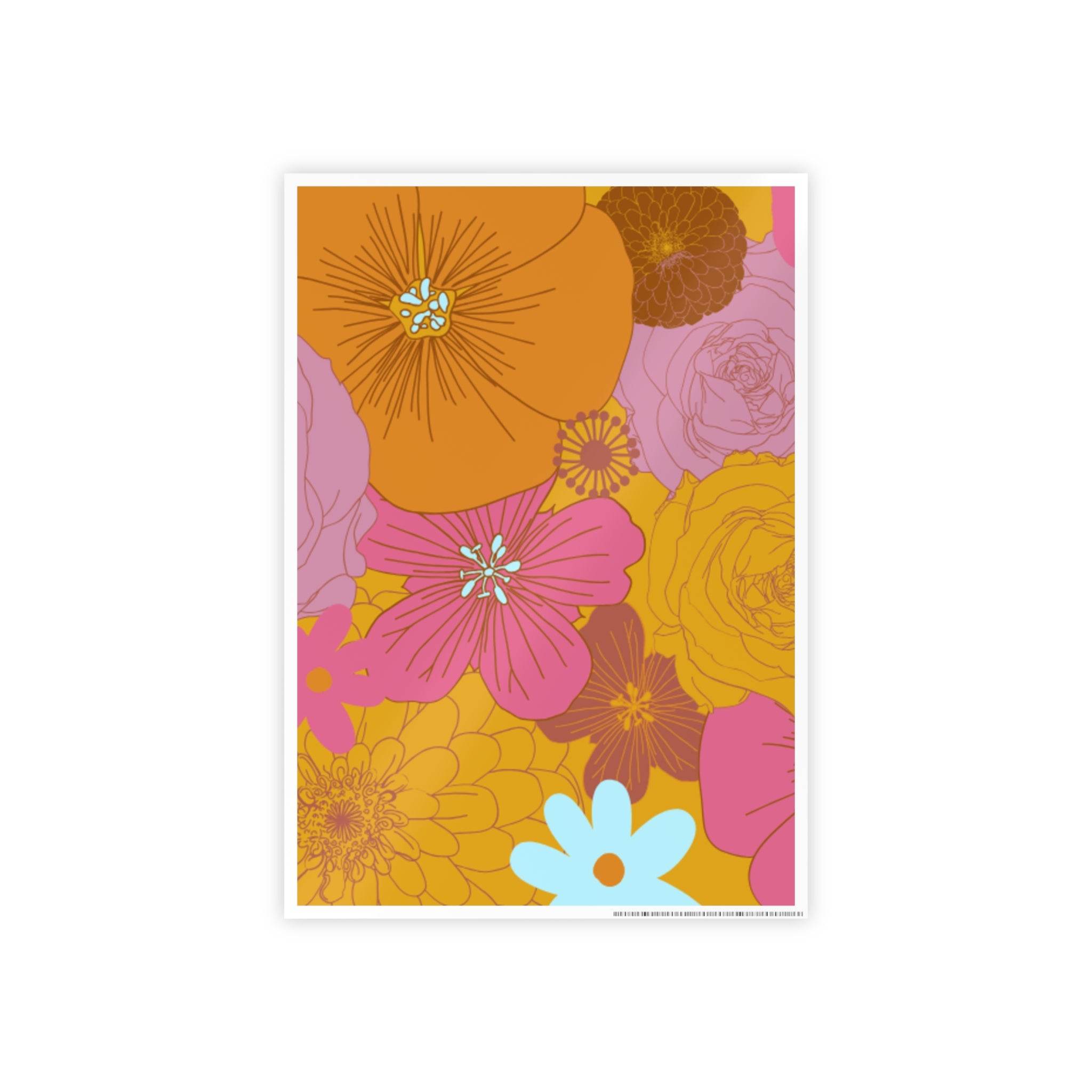Printify eco-friendly flower posters with vibrant colorful floral design in pink orange yellow and blue