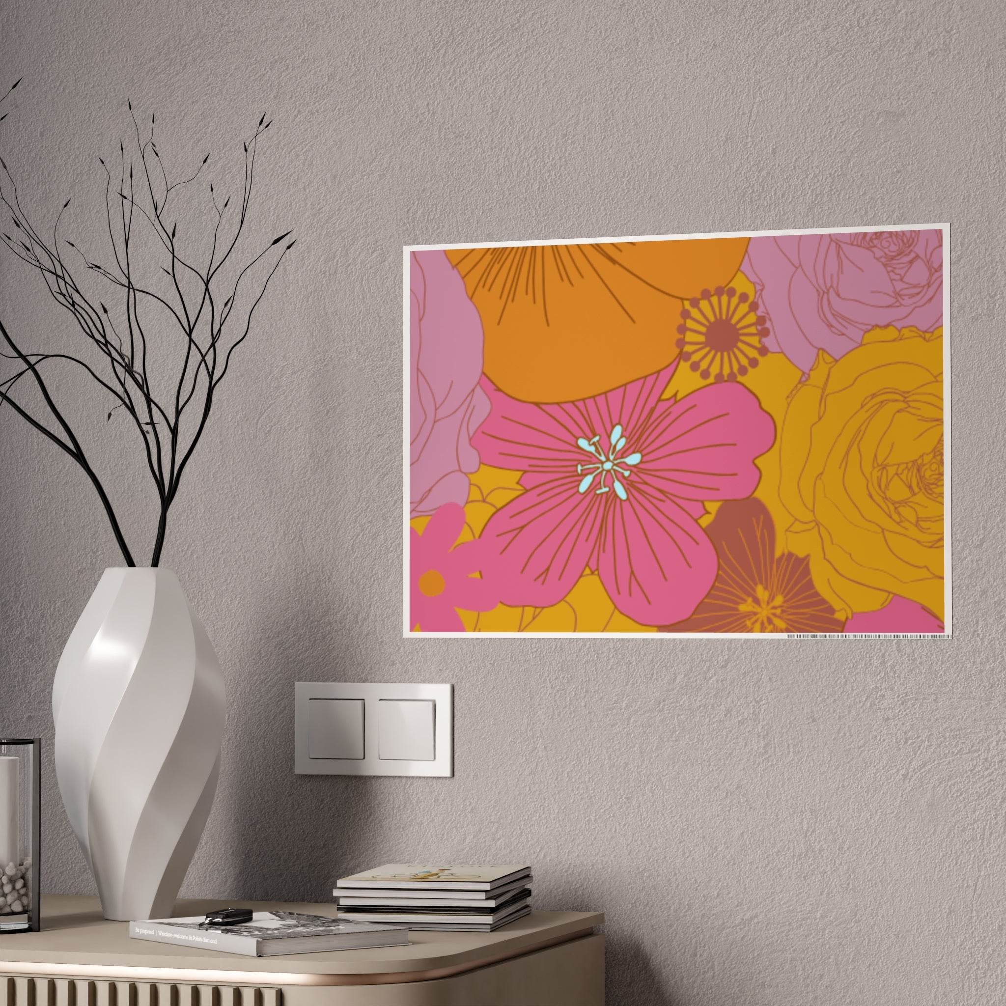 Printify eco-friendly flower posters featuring vibrant pink and orange floral designs on a wall