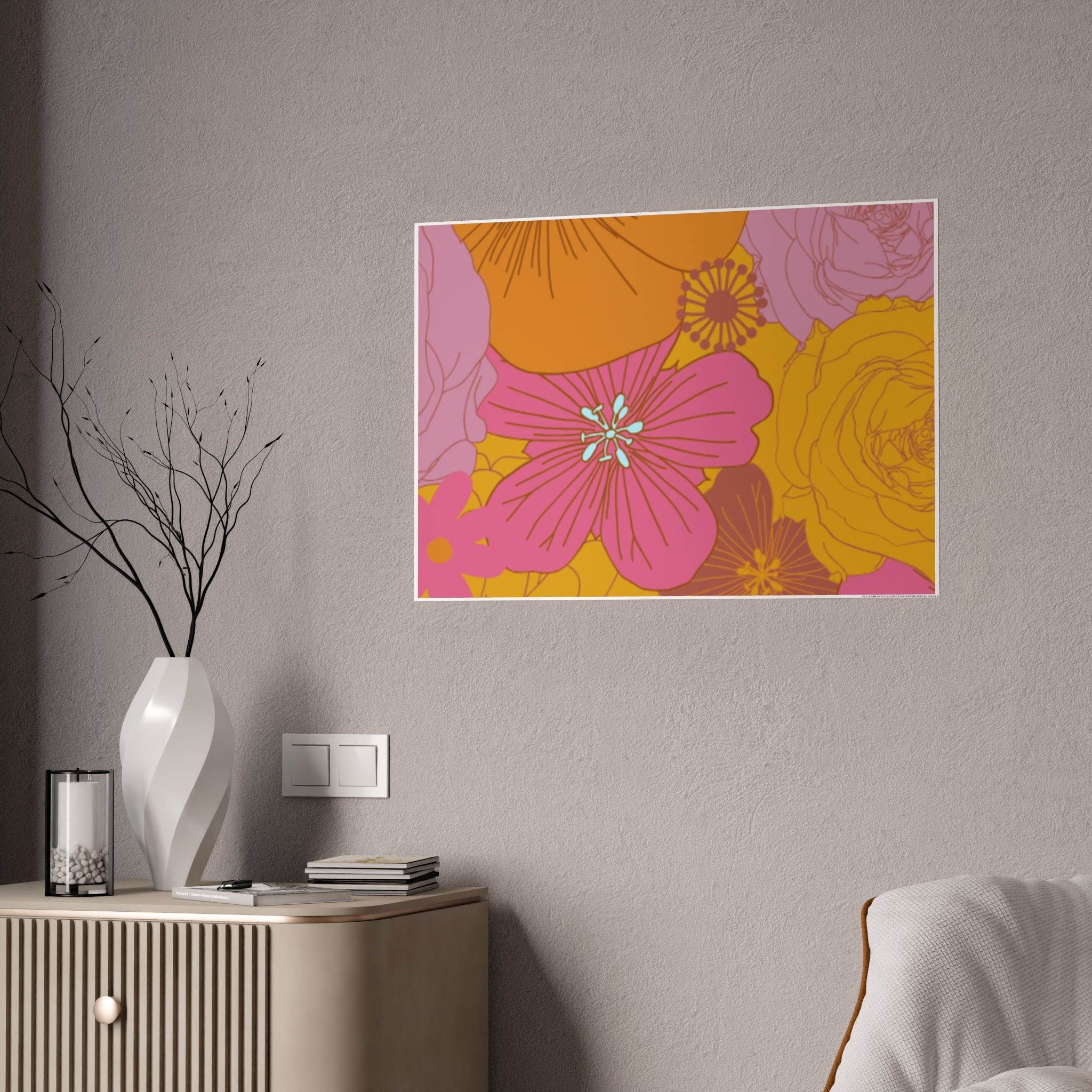 Printify eco-friendly flower posters with vibrant pink and orange floral designs hung on a gray wall