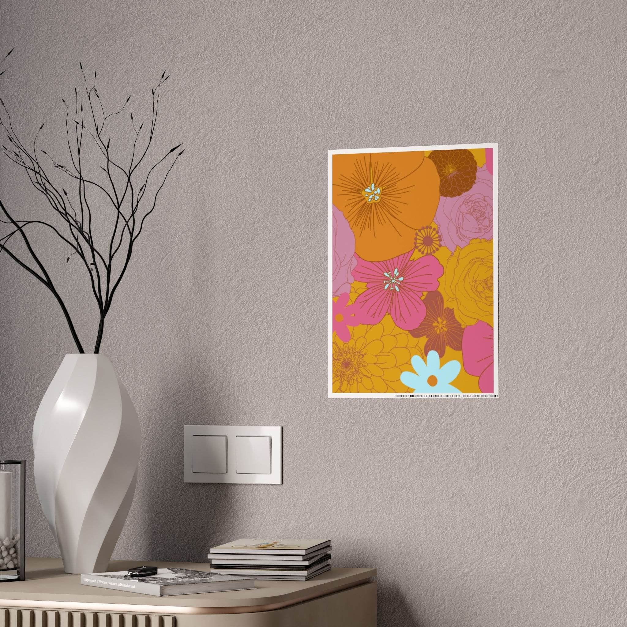 Printify eco-friendly flower posters with vibrant orange and pink floral design on gray wall