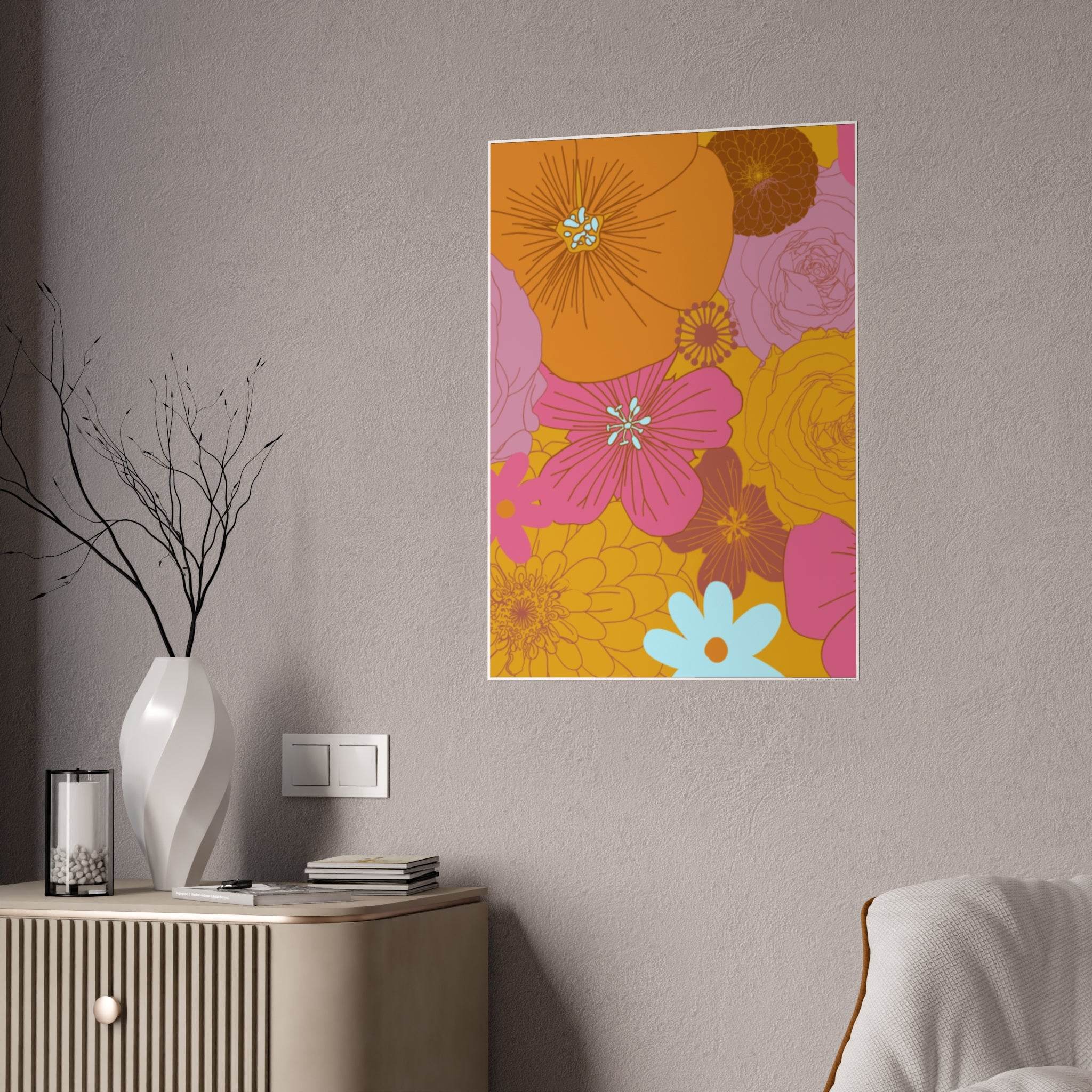 Colorful eco-friendly flower posters with orange yellow and pink floral design displayed on wall