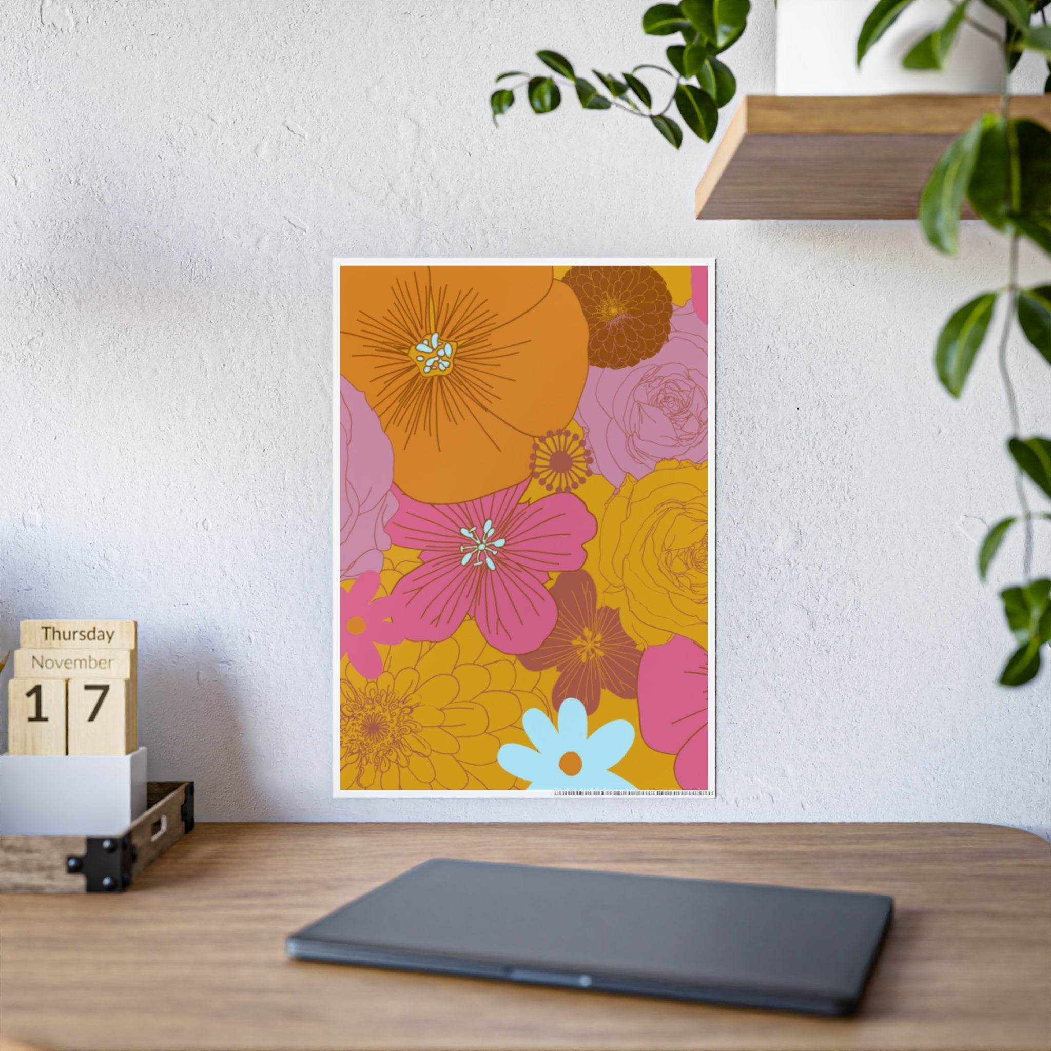 Printify eco-friendly flower posters featuring colorful floral design in warm tones displayed on a white wall