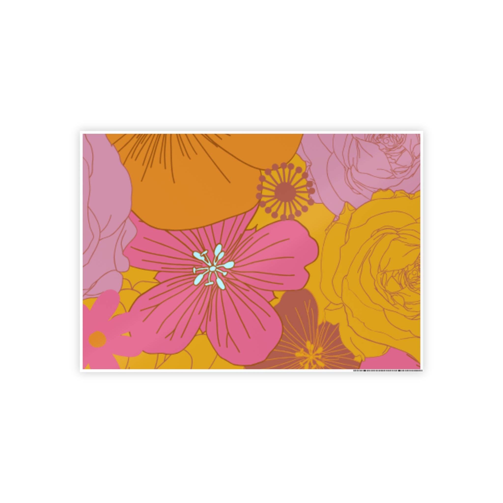 Printify eco-friendly flower posters with vibrant pink and yellow floral design on a white background