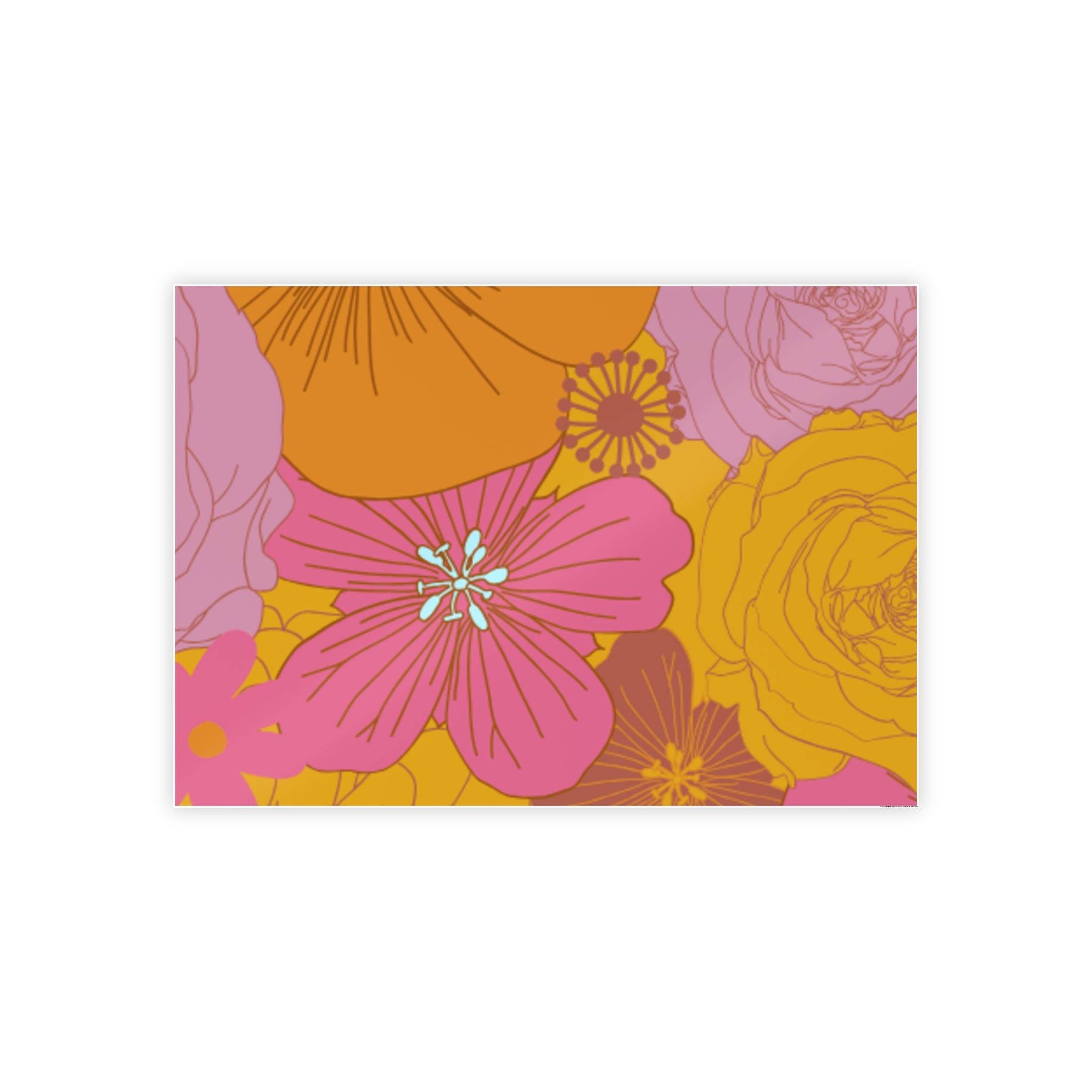 Printify eco-friendly flower posters with vibrant pink and yellow floral design on a mustard background