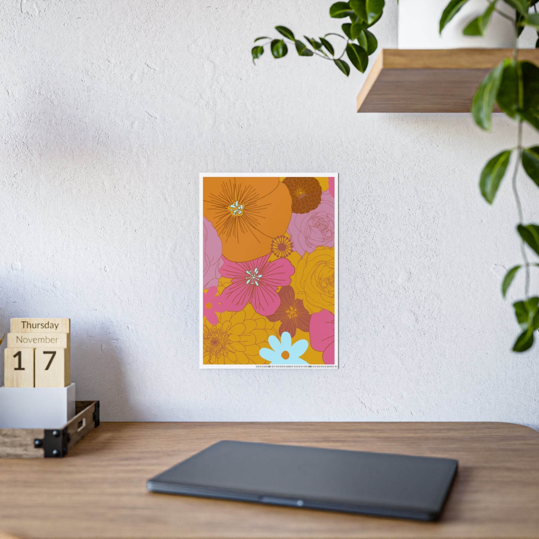 Printify eco-friendly flower posters with vibrant colorful floral design hanging on white wall