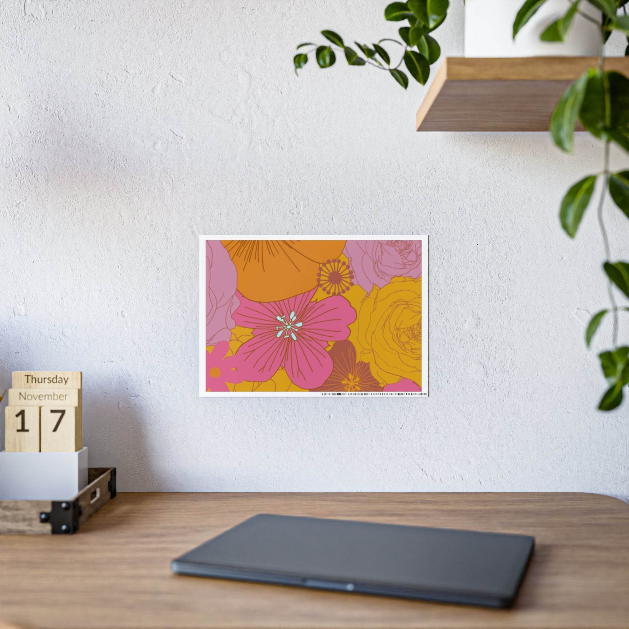 Printify eco-friendly flower posters featuring colorful floral designs displayed on a white office wall