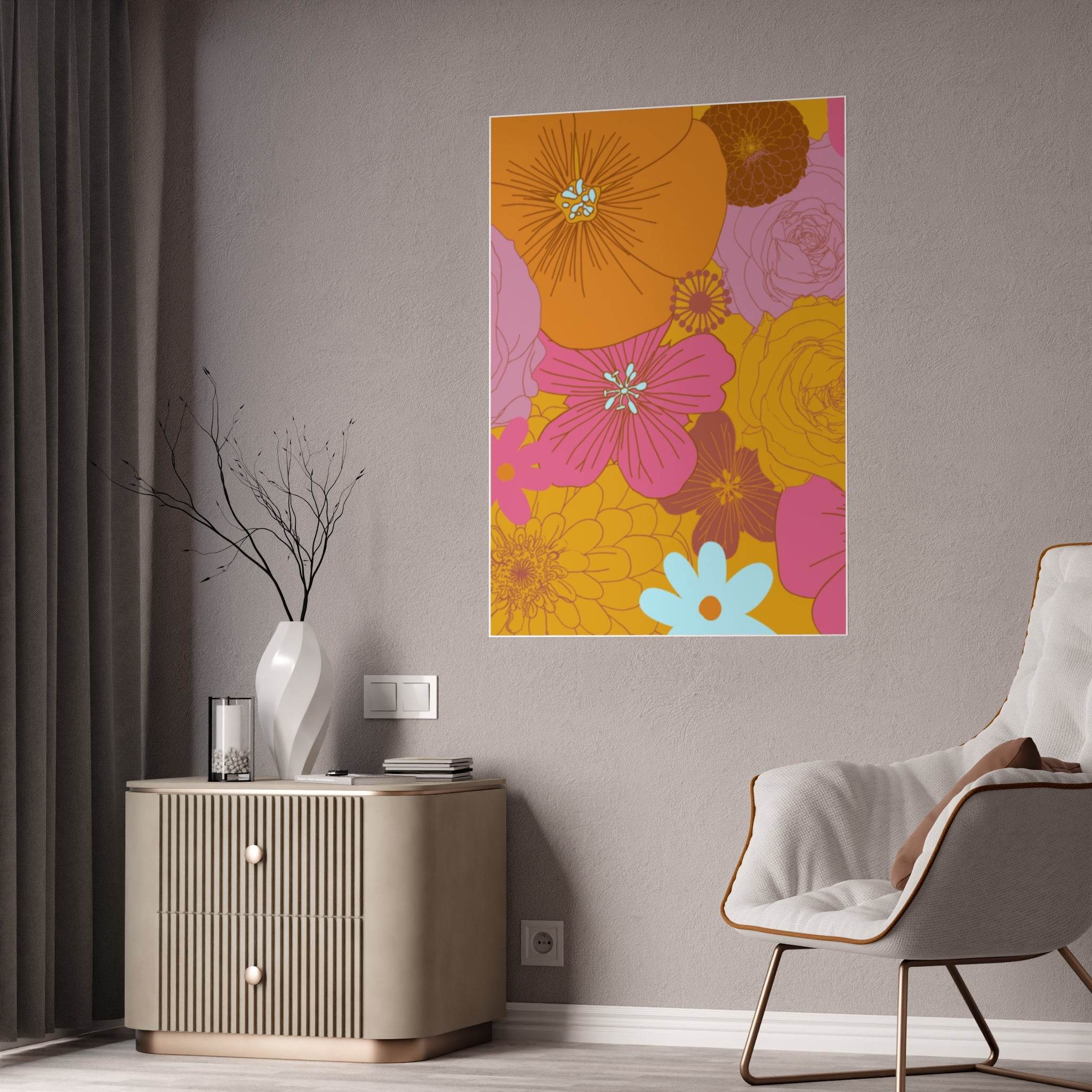 Colorful eco-friendly flower posters with vibrant pink, orange, and yellow floral design hanging in modern living room