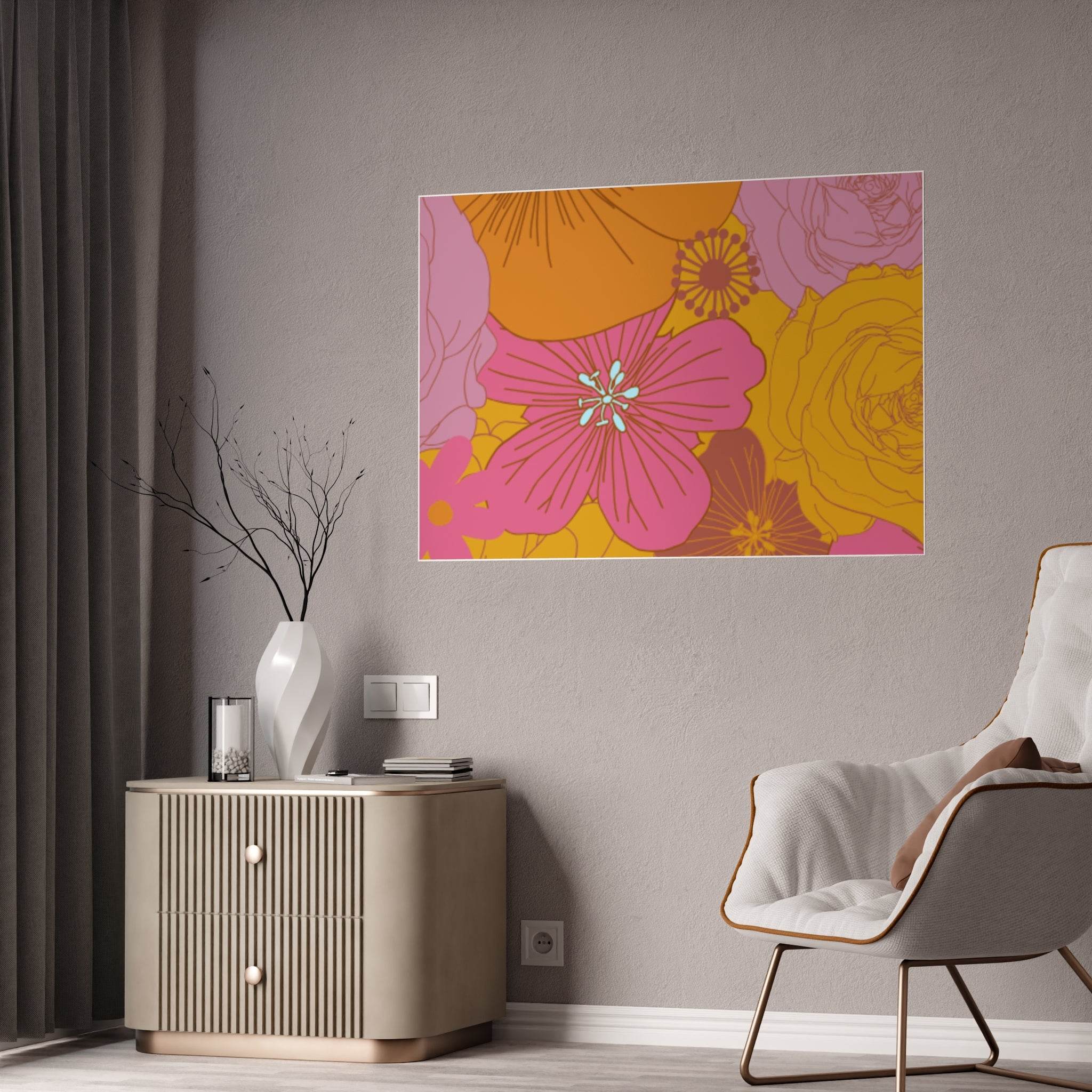Eco-friendly flower posters with vibrant pink and yellow floral design displayed in modern living room