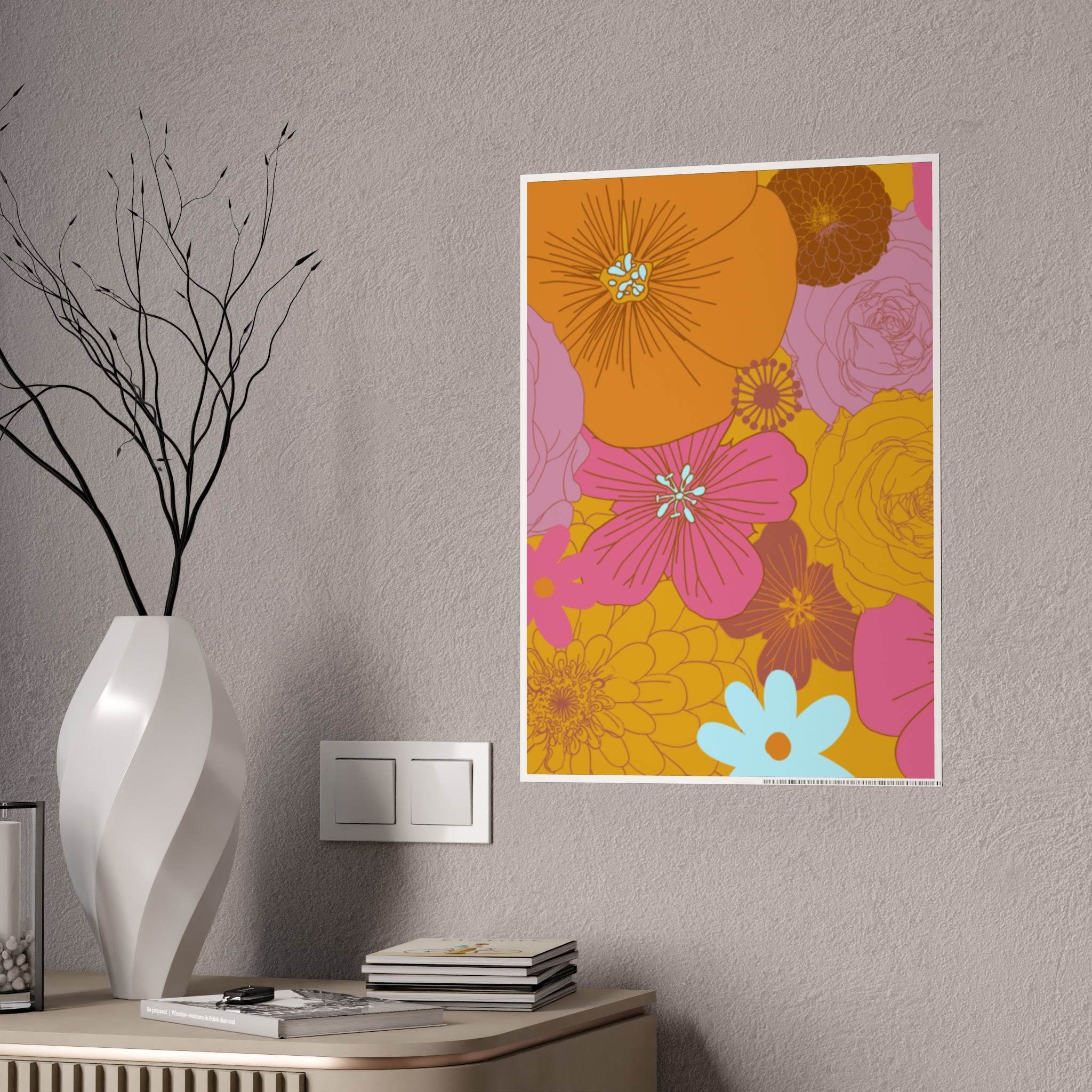 Printify eco-friendly flower posters with vibrant orange pink and yellow floral design on wall above table