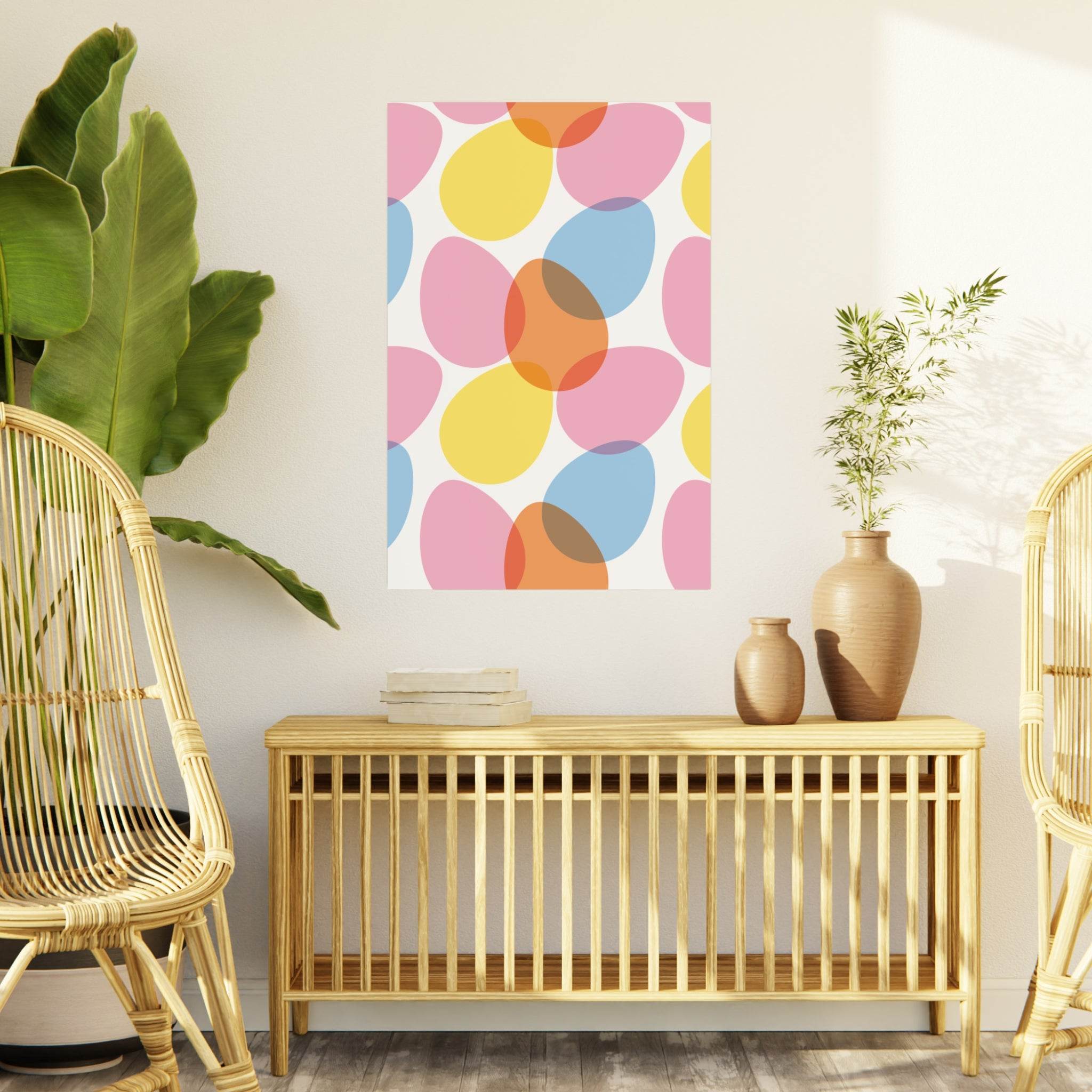 Colorful abstract art print on eco-friendly foam board hanging above wooden console table in modern home decor