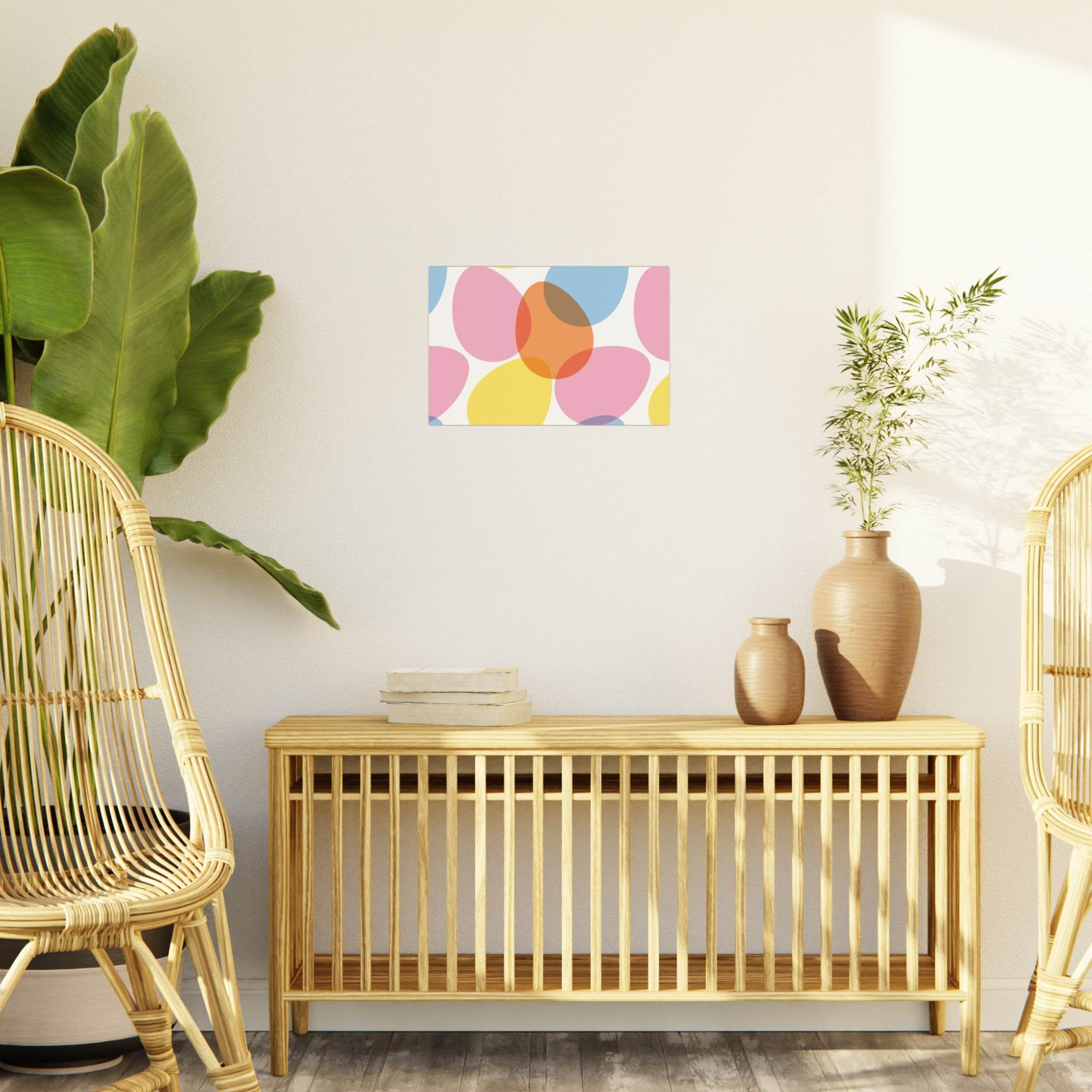 Colorful abstract wall art printed on eco-friendly foam board hanging above wooden console table in a bright living room