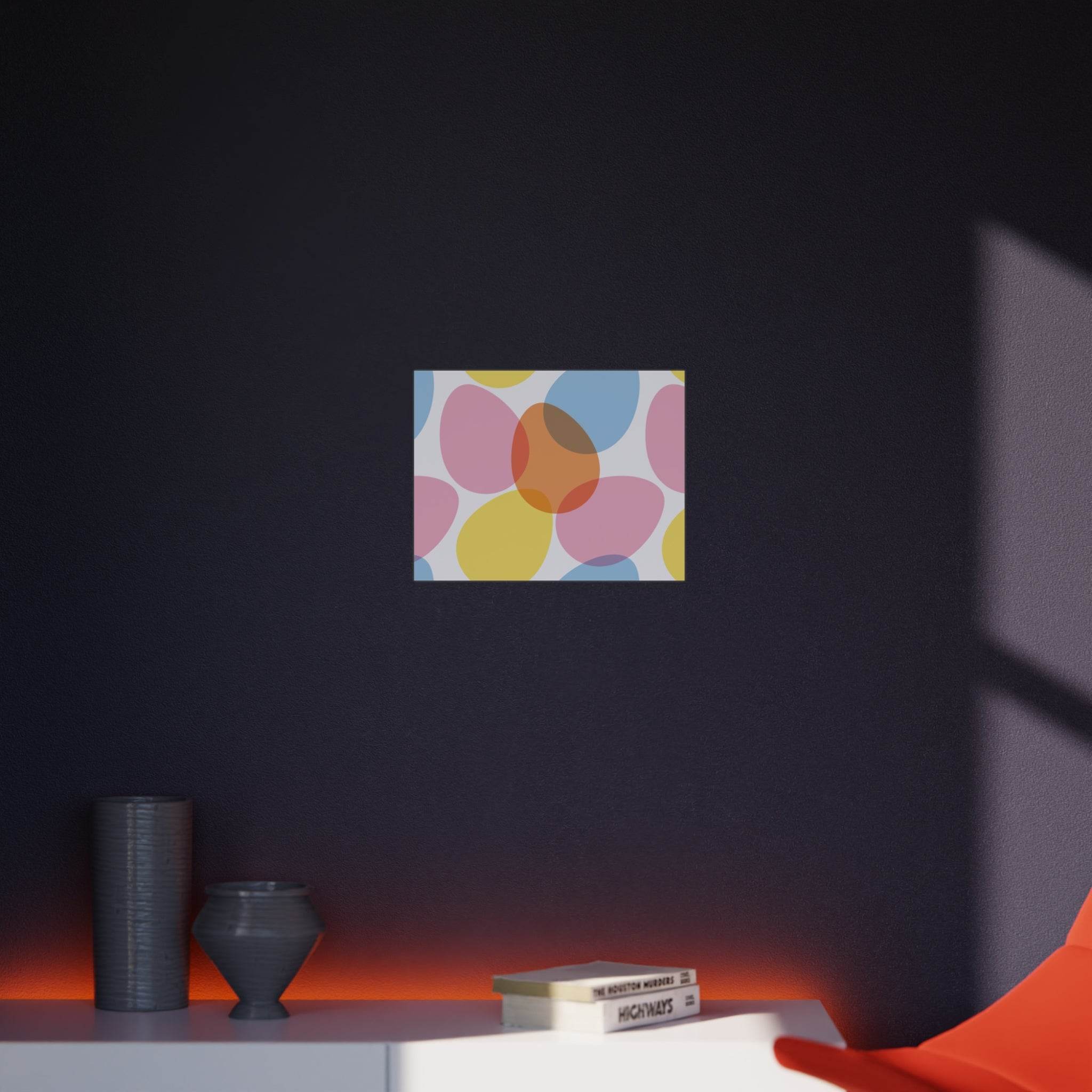 Abstract colorful wall art printed on eco-friendly foam board displayed in modern home decor setting