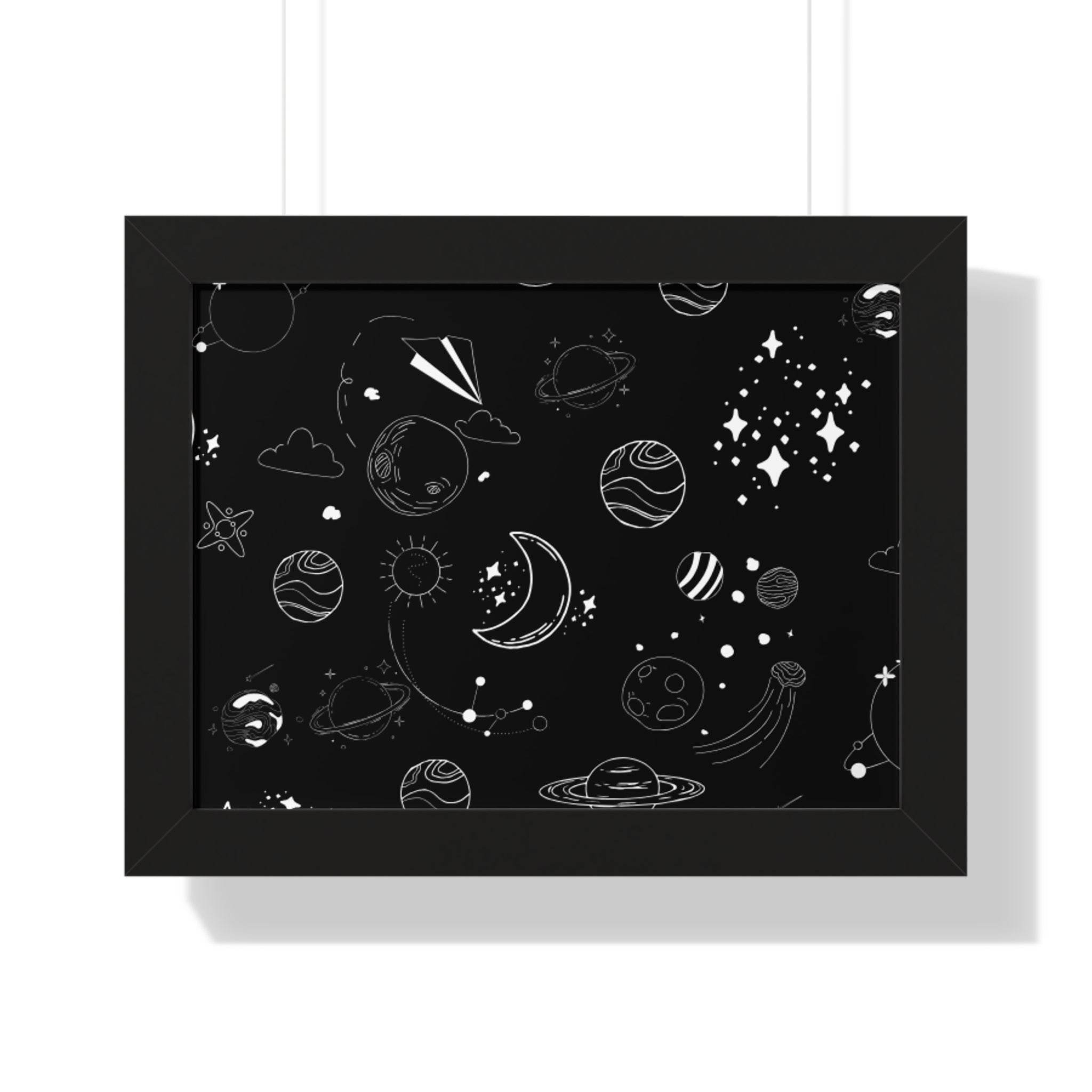 Printify black space-themed eco-friendly framed poster with planets moons and stars wall art