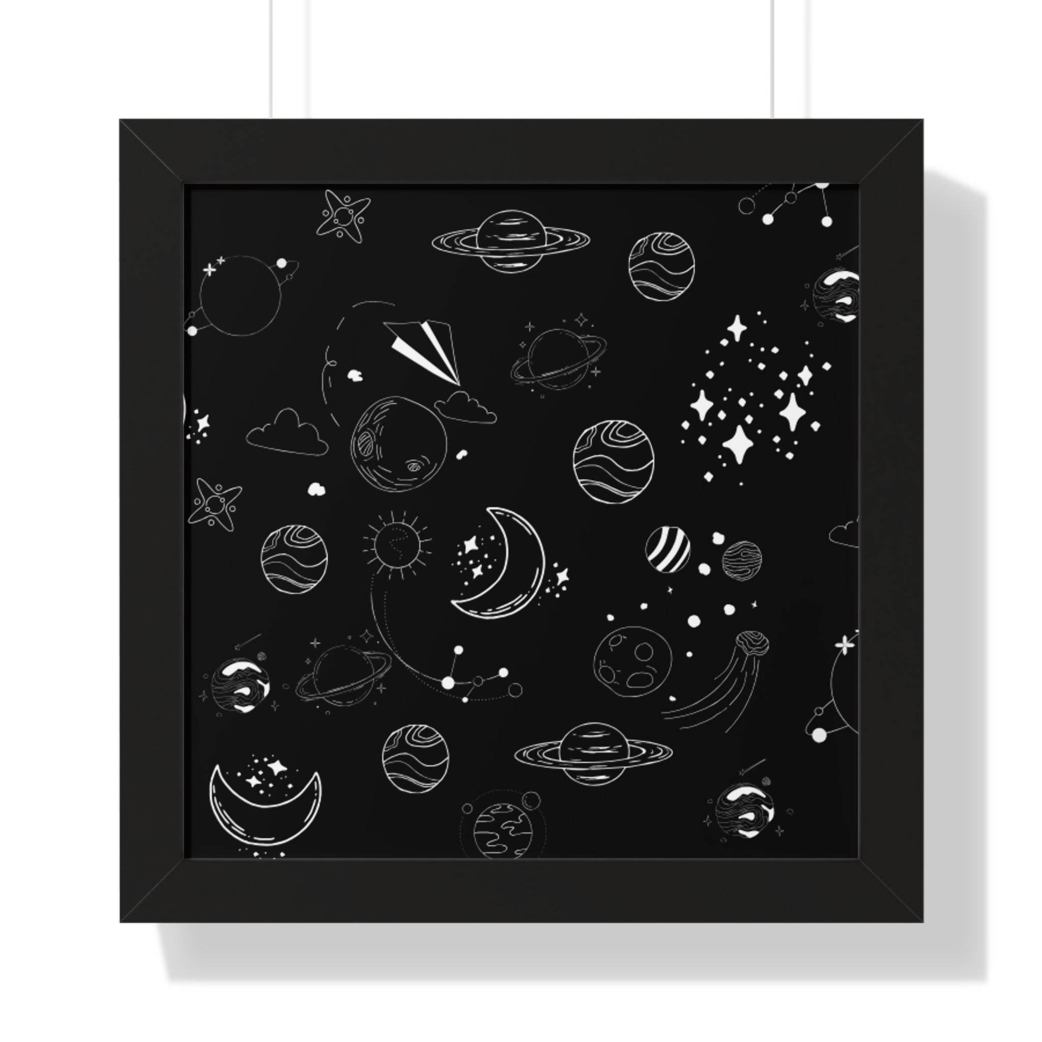 Printify eco-friendly framed poster featuring black and white space-themed design with planets and stars