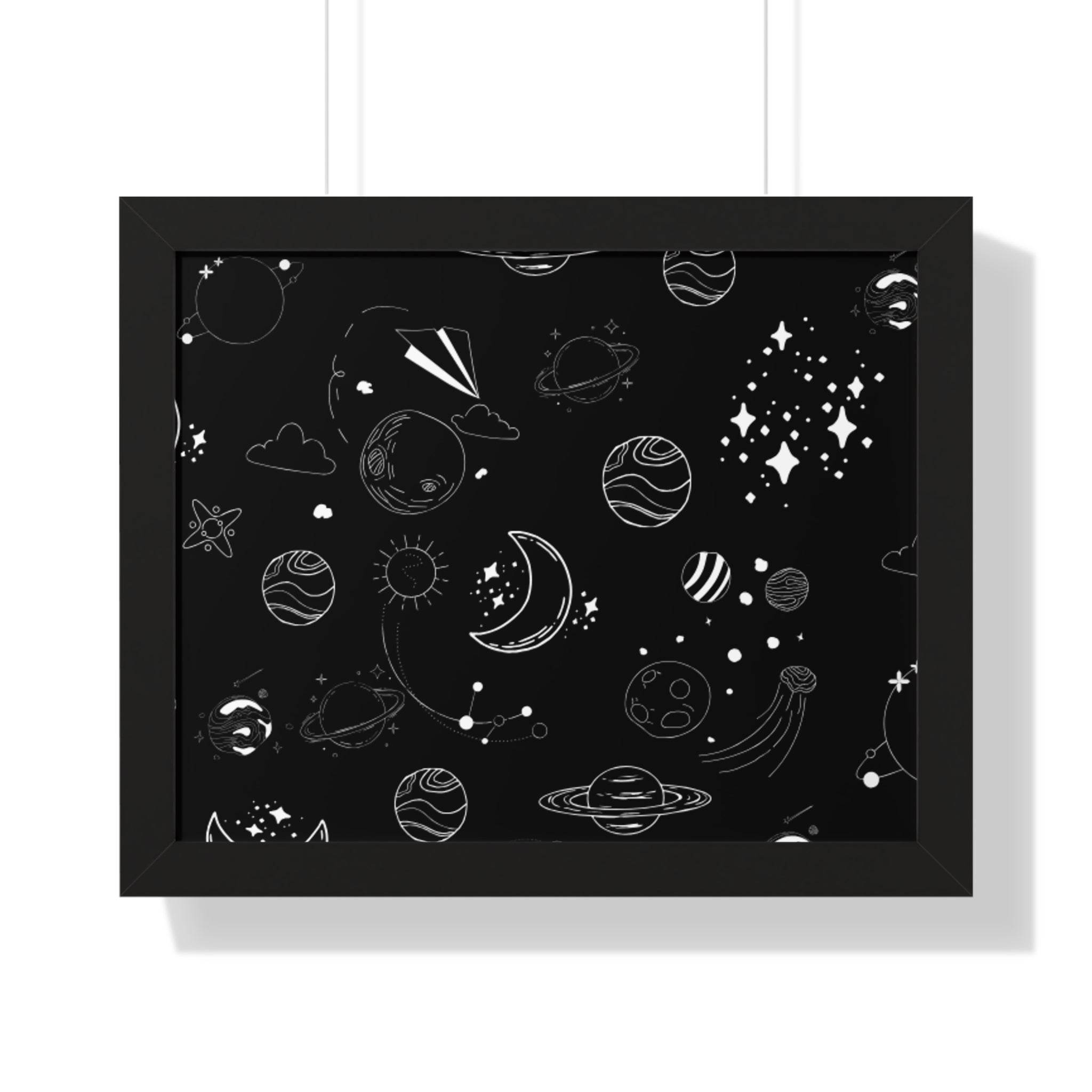Printify eco-friendly framed poster featuring a black background with white space-themed illustrations