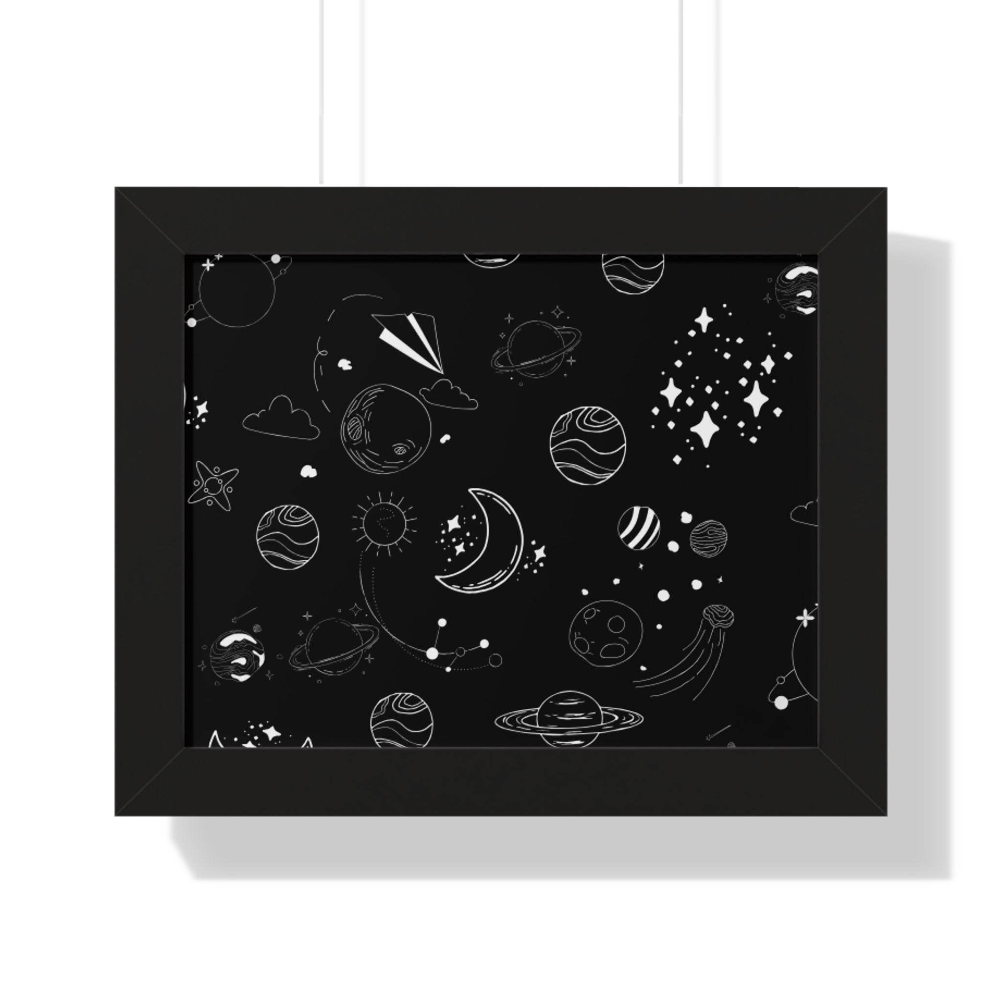Printify eco-friendly framed poster with black space-themed design featuring planets and stars