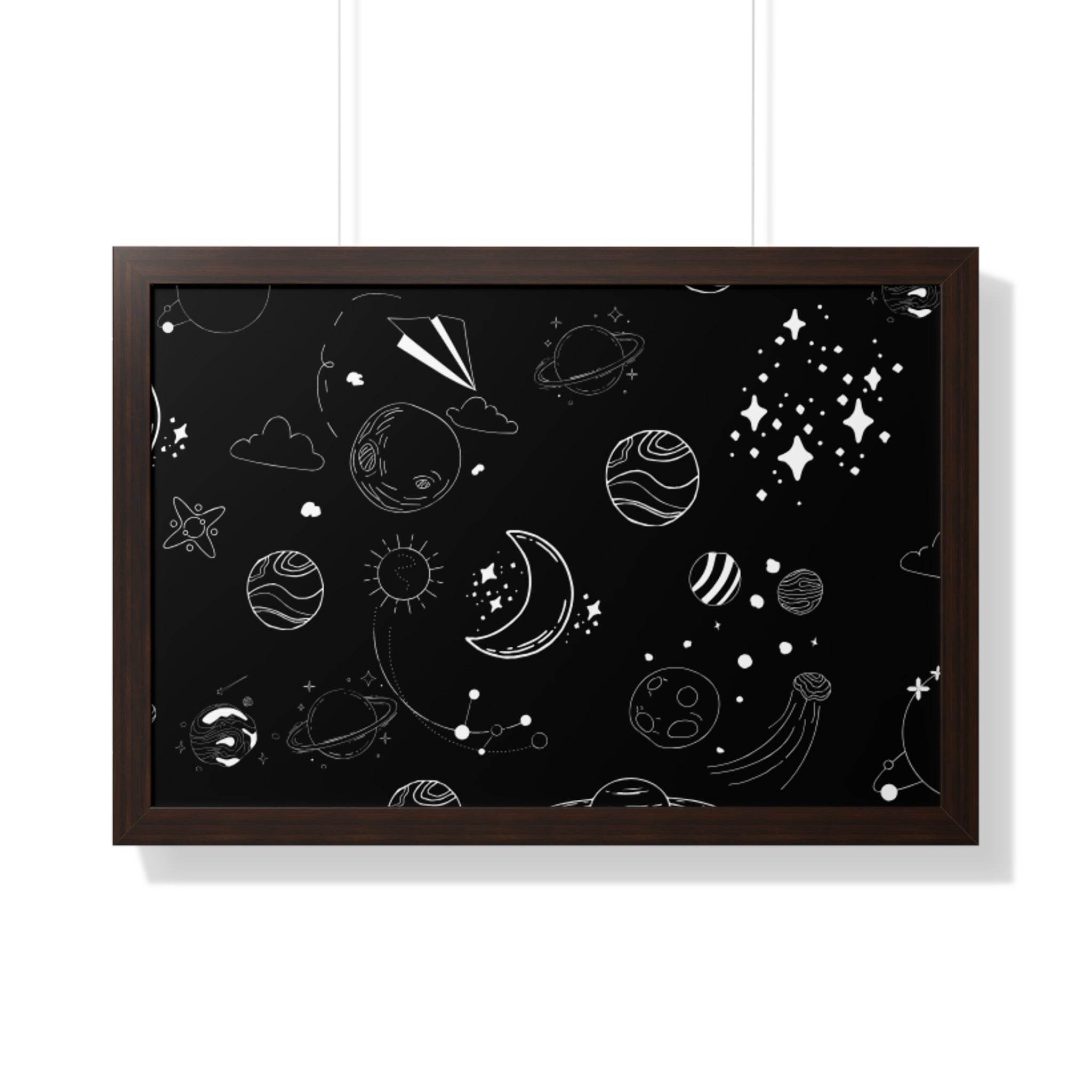 Printify eco-friendly framed poster with black space design featuring planets and stars