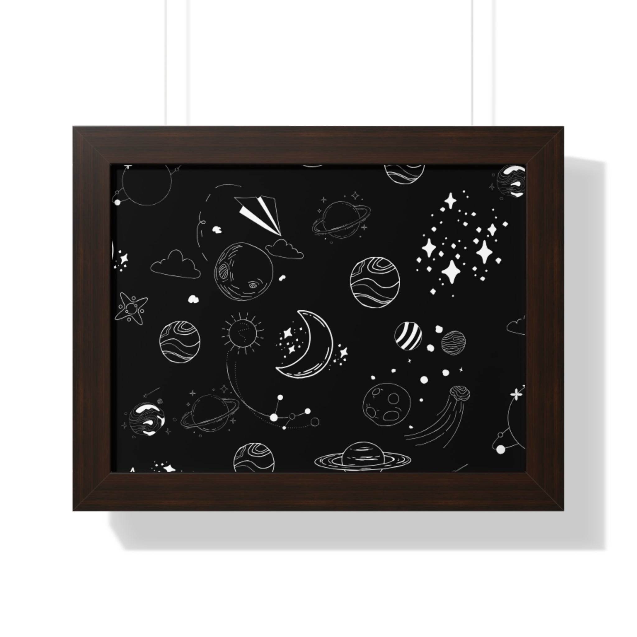 Printify eco-friendly framed poster featuring black background with white space and planet sketches