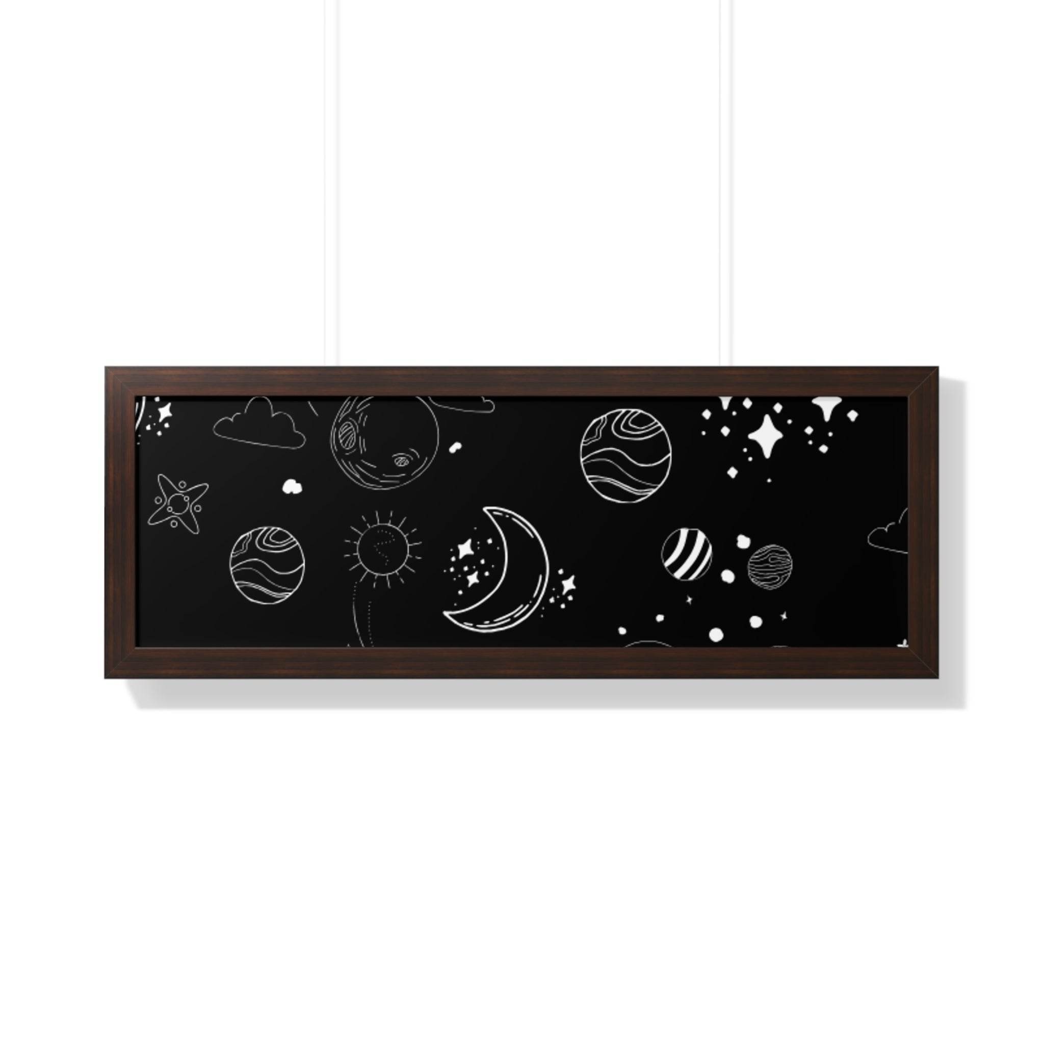 Printify eco-friendly framed poster with black background and white celestial planet and moon illustrations