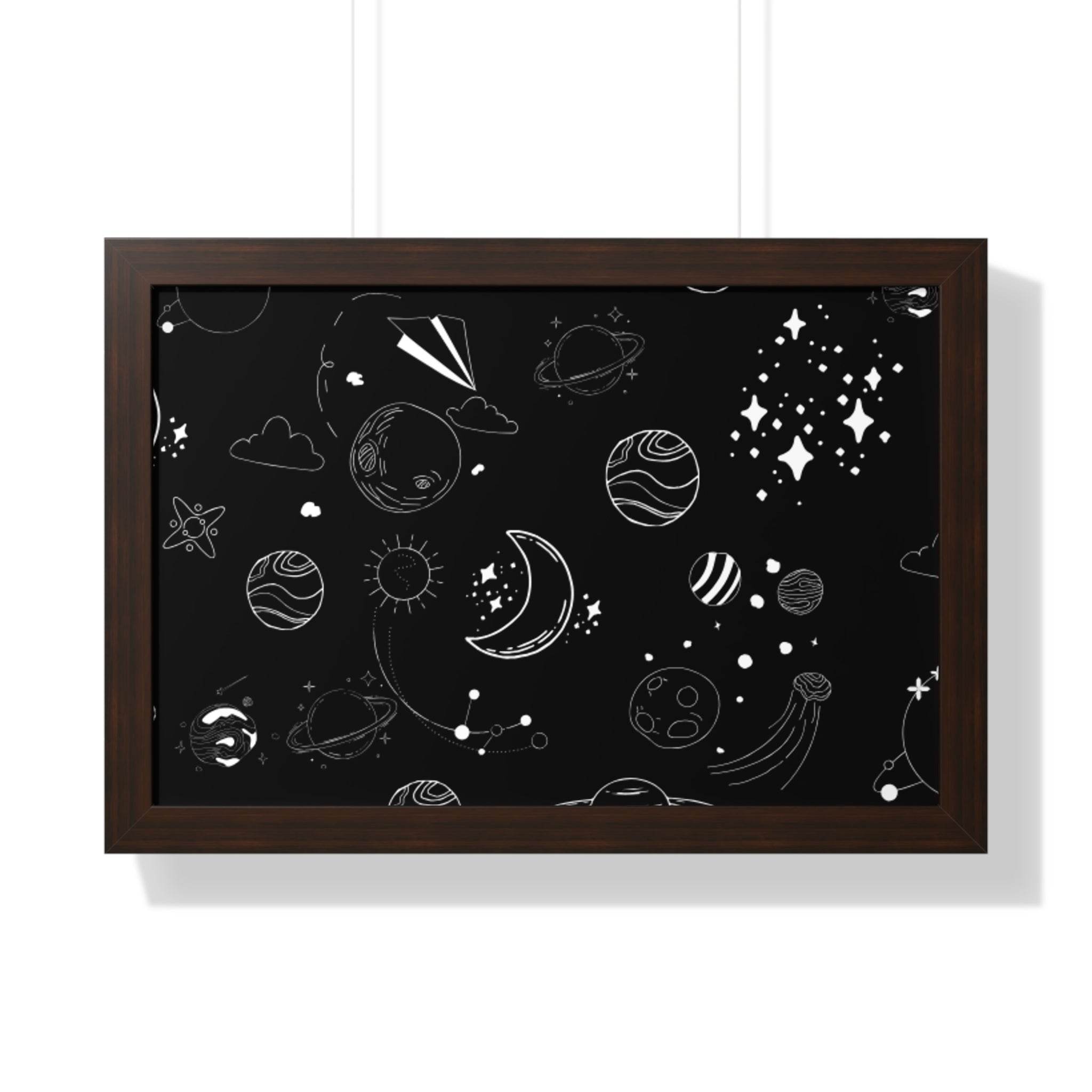 Printify eco-friendly framed poster with black space-themed design and white planet illustrations