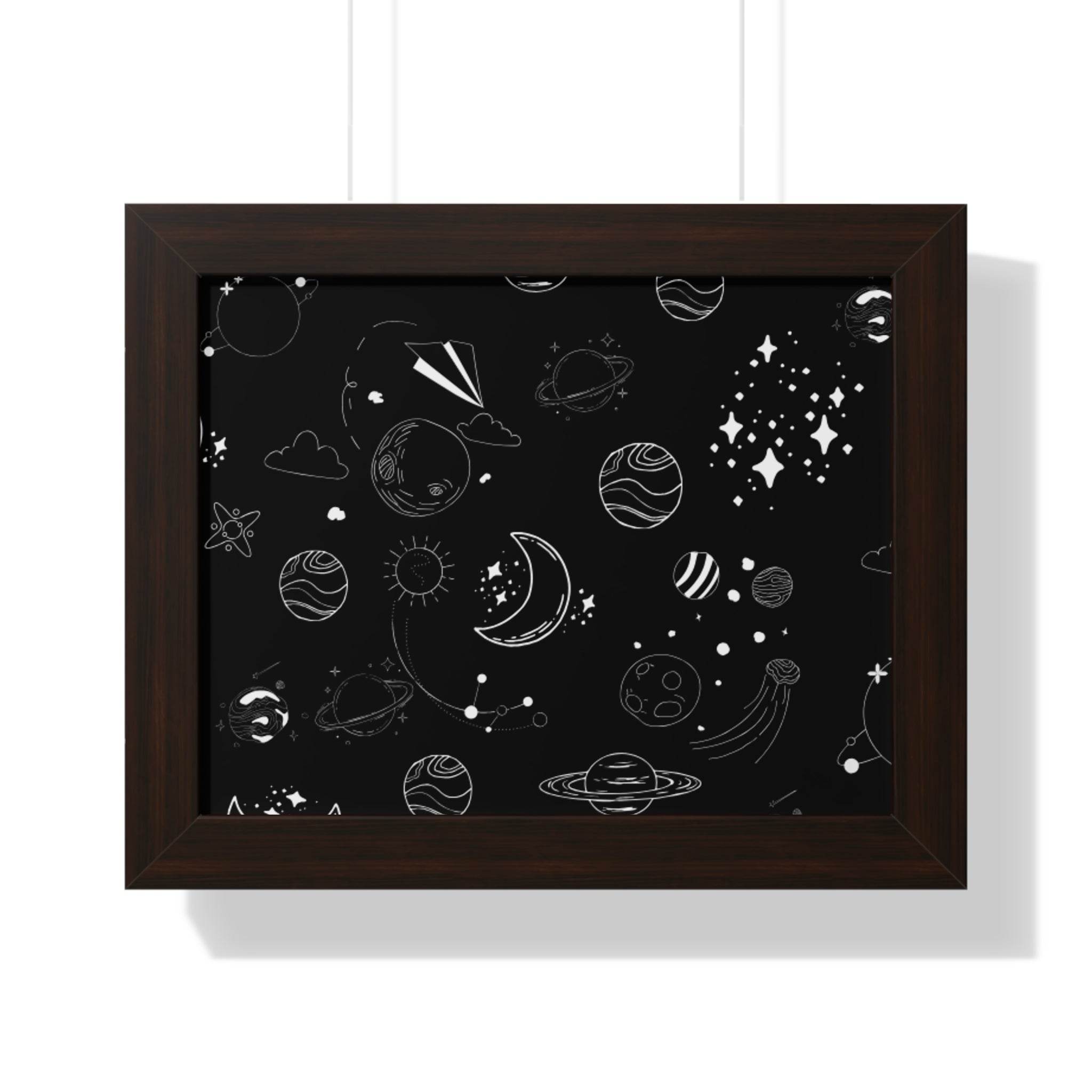 Eco-friendly framed poster by Printify featuring white space-themed sketches on a black background