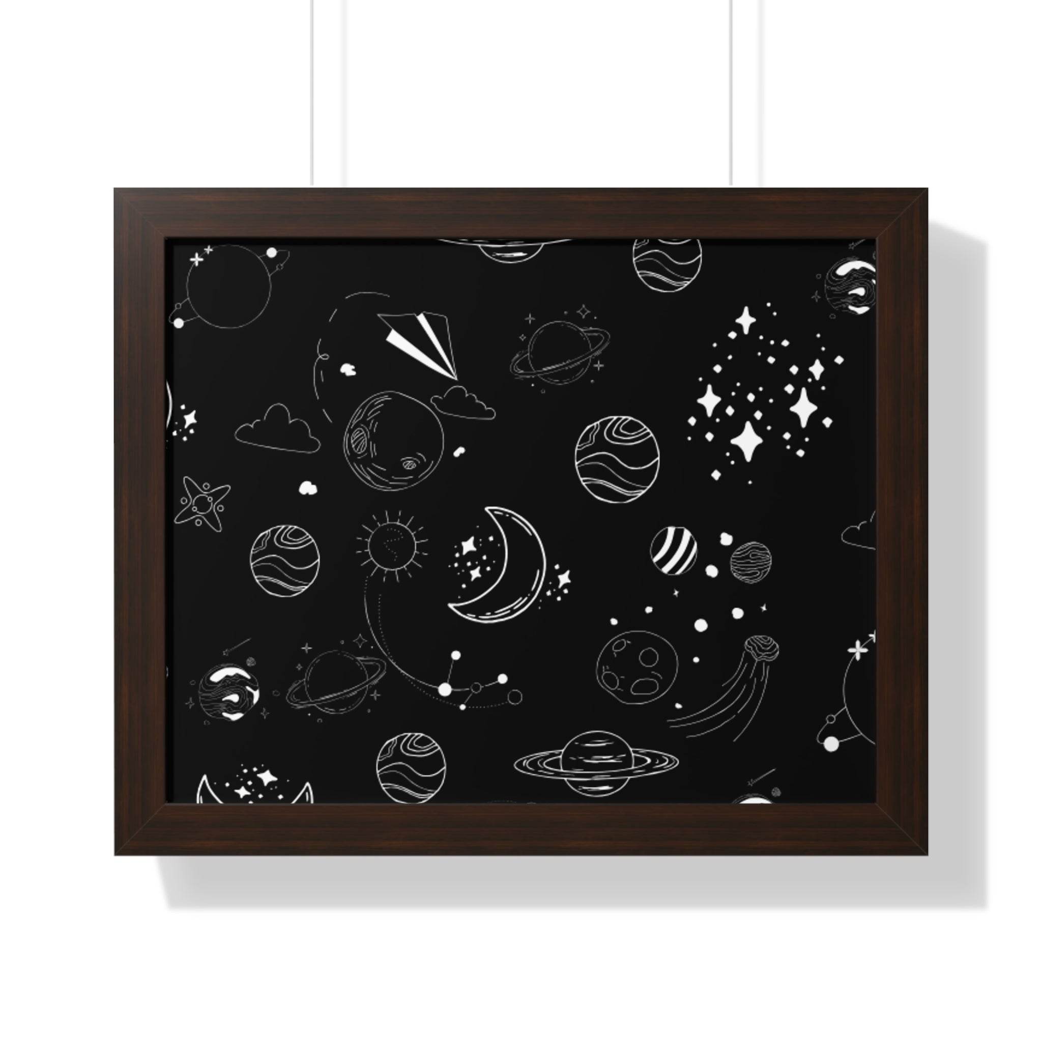 Printify eco-friendly framed poster with black background and white space-themed illustrations