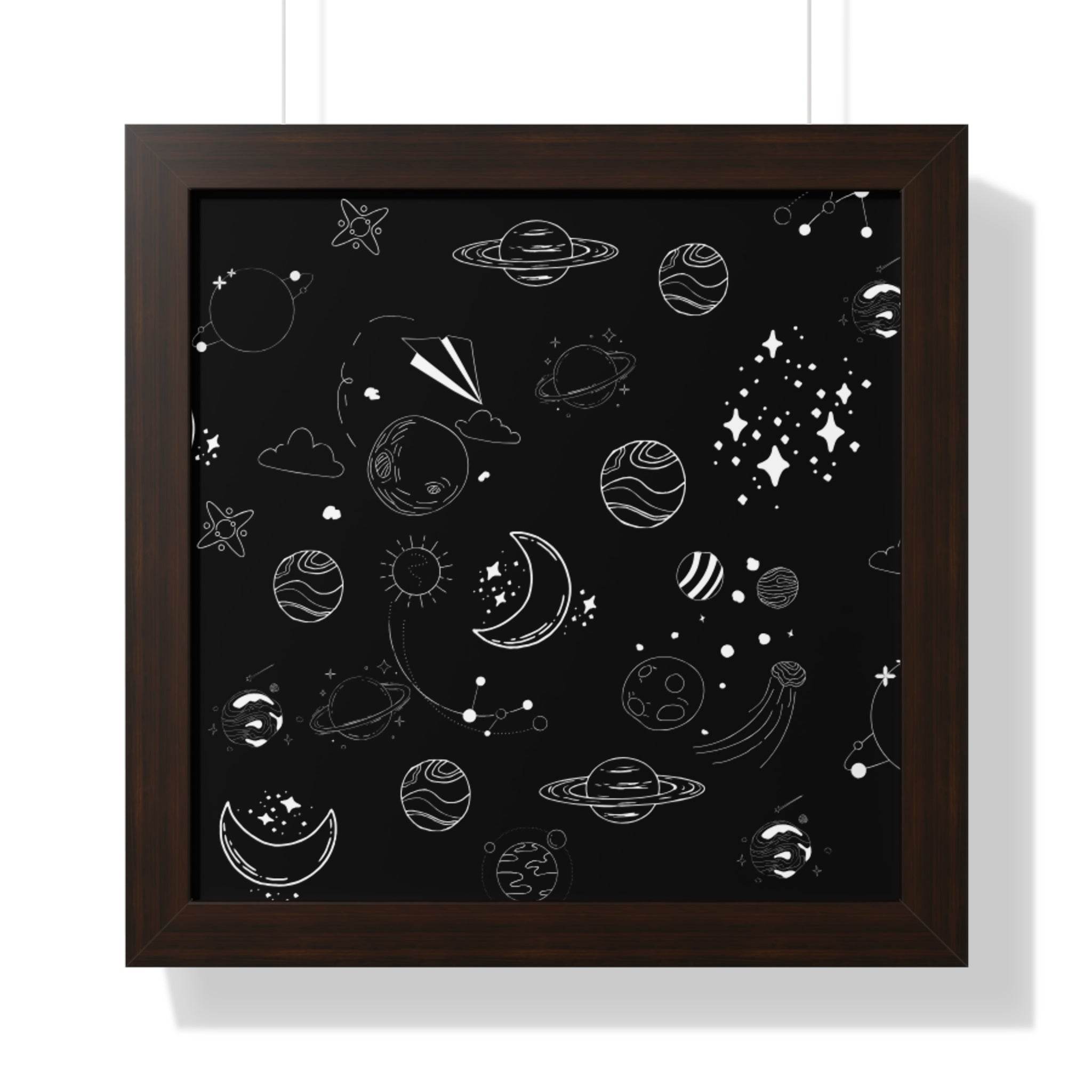 Eco-friendly framed poster featuring white space and planet illustrations on a black background