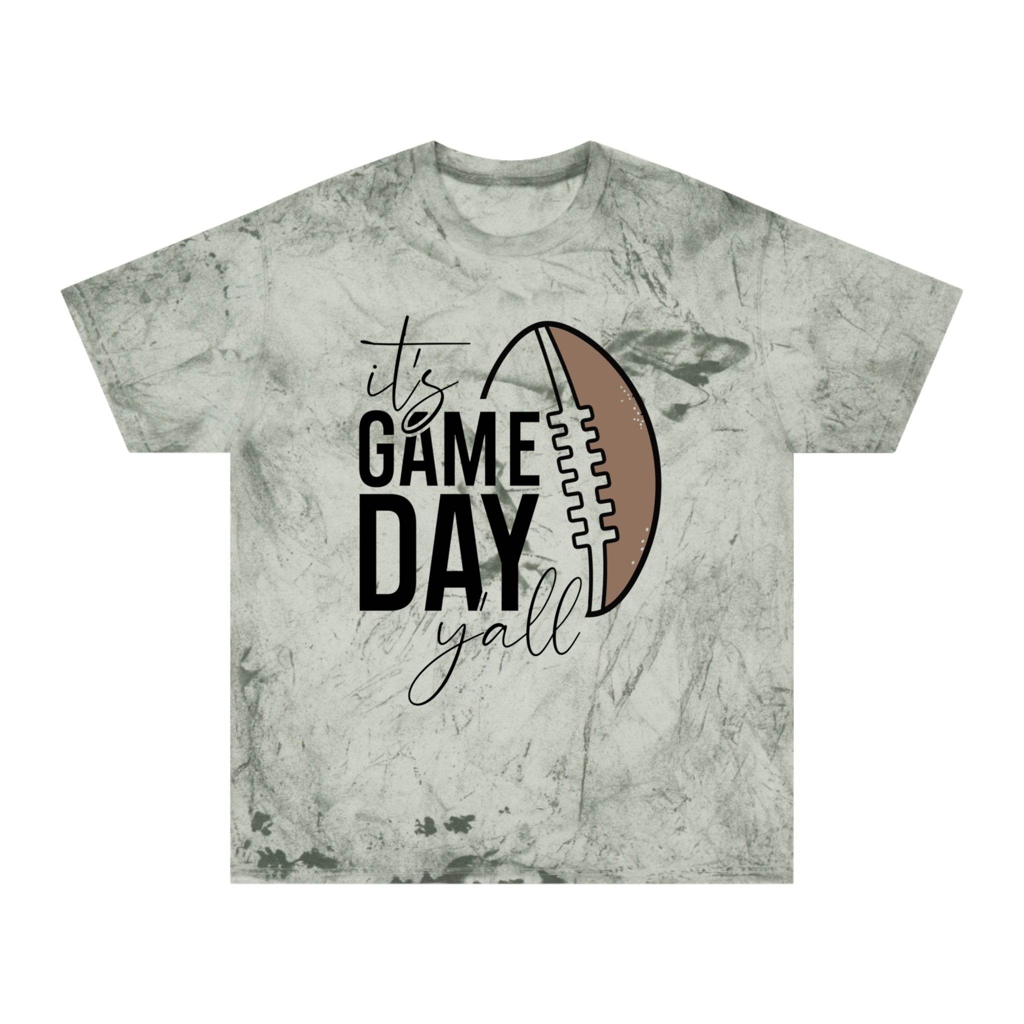 Printify eco-friendly game day t-shirt with gray tie-dye design and football graphic