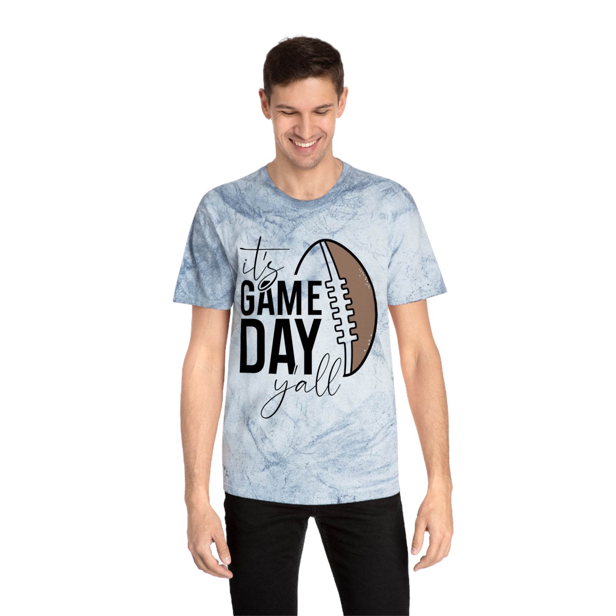 Printify eco-friendly game day t-shirt with football graphic and text it's game day yall