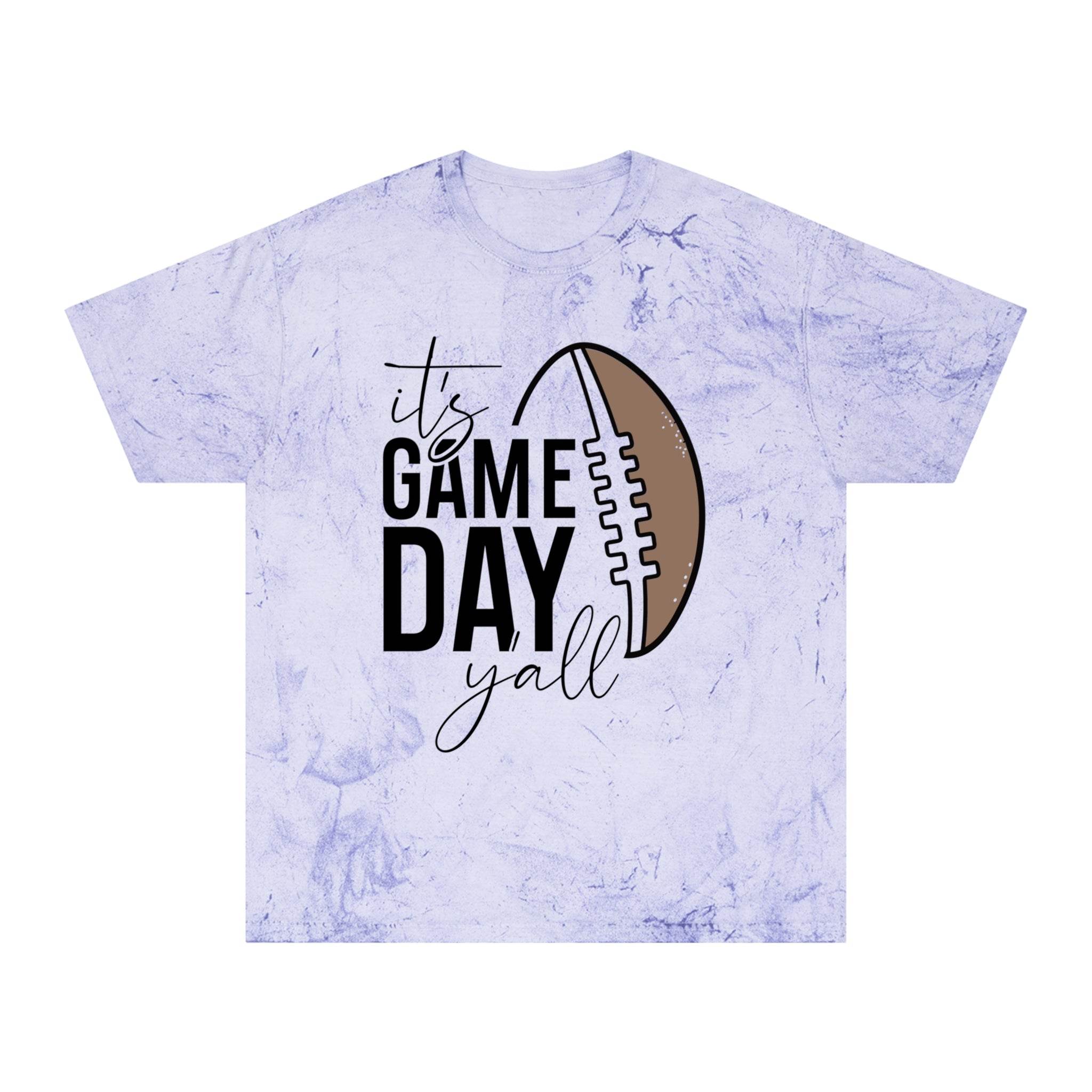 Printify eco-friendly game day t-shirt with football graphic and text on light purple tie-dye fabric