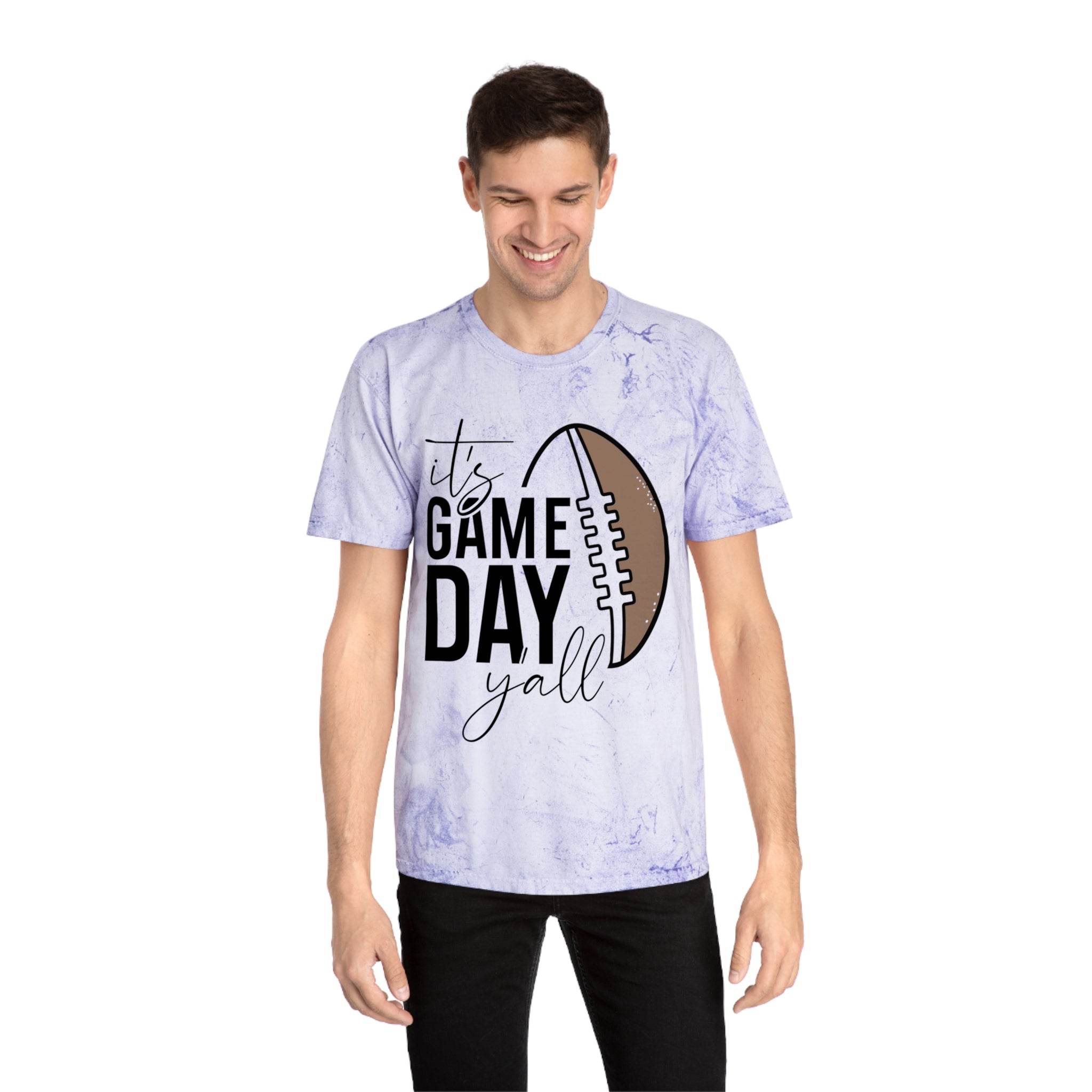 Men's eco-friendly game day t-shirt with football graphic and text available from Printify