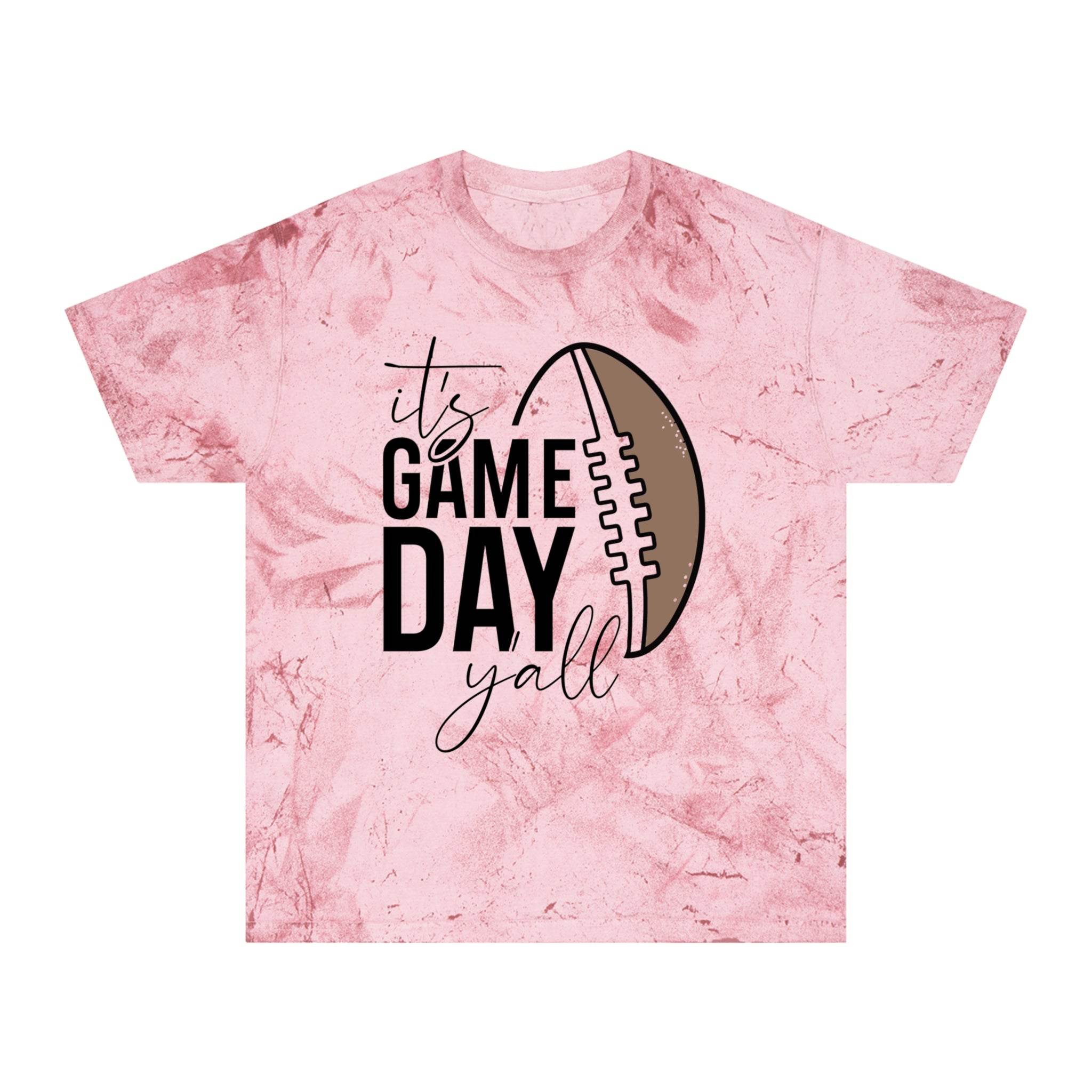 Pink Printify eco-friendly game day t-shirt with football graphic and its game day yall text