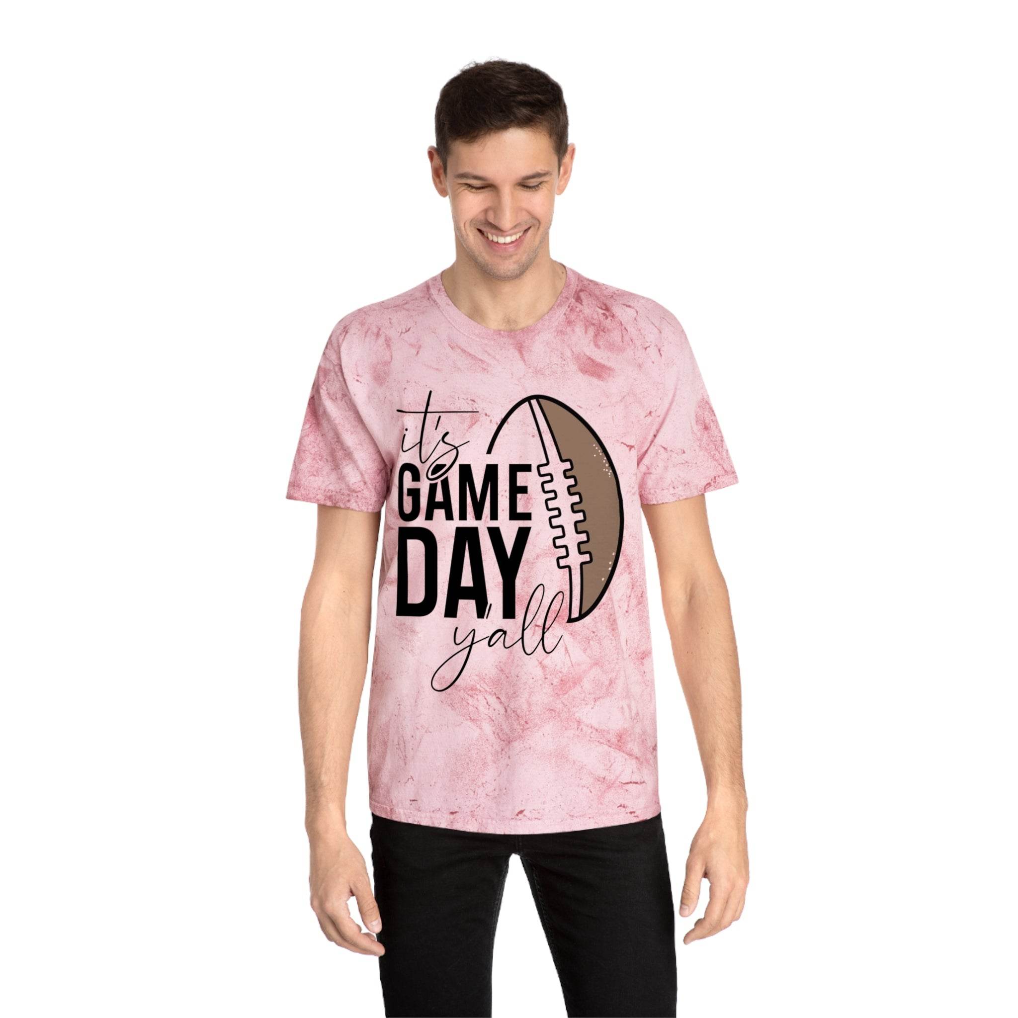 Printify eco-friendly game day t-shirt in pink with football graphic and game day text