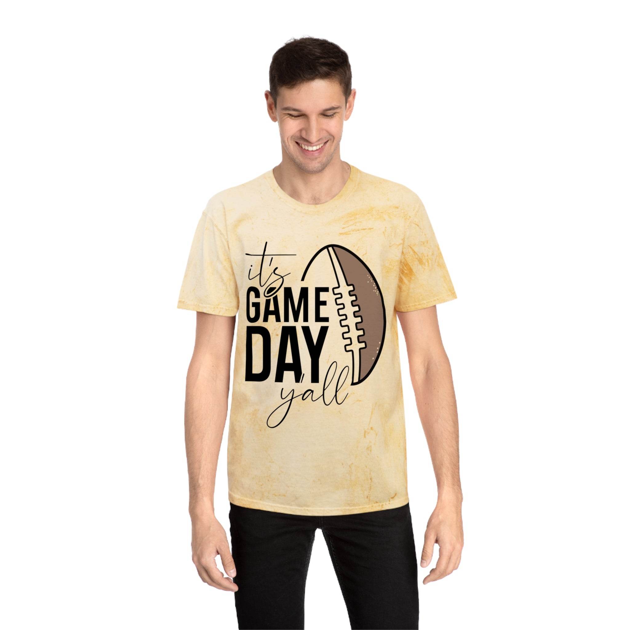 Printify eco-friendly game day t-shirt with football graphic and it's game day yall text