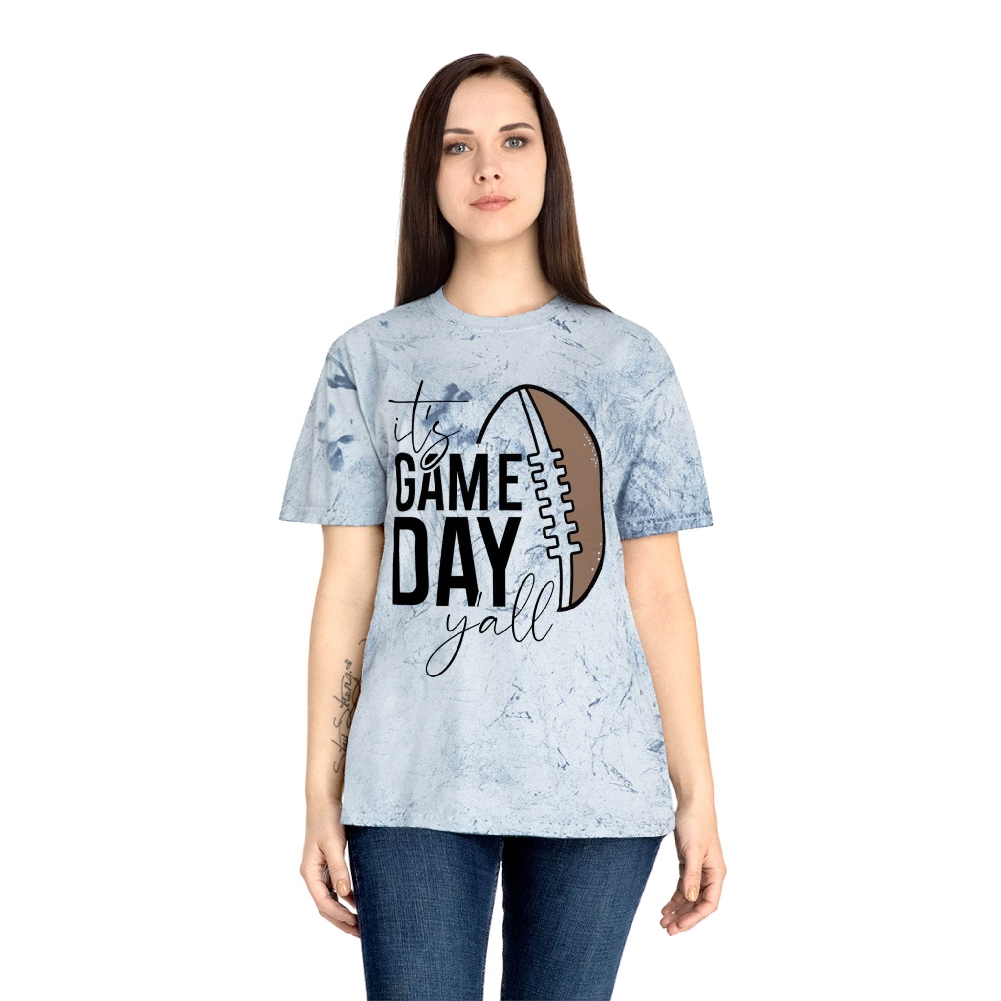 Eco-friendly game day t-shirt with football design and text its game day yall on light blue shirt