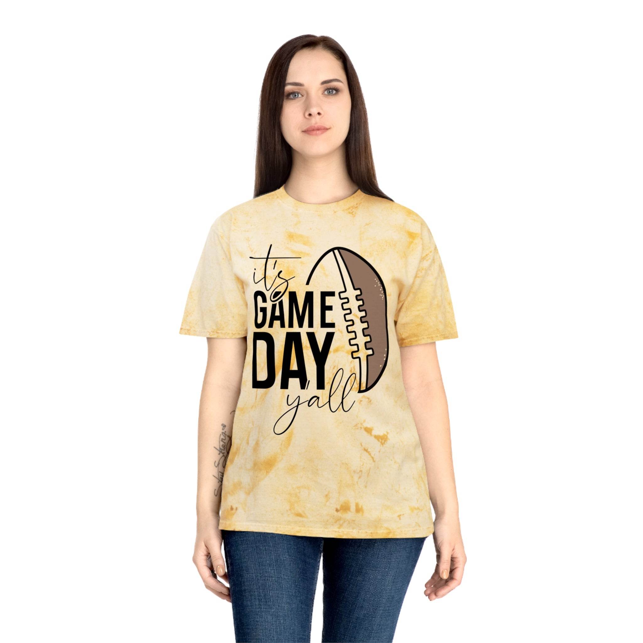 Printify eco-friendly game day t-shirt with yellow tie-dye and football graphic worn by woman