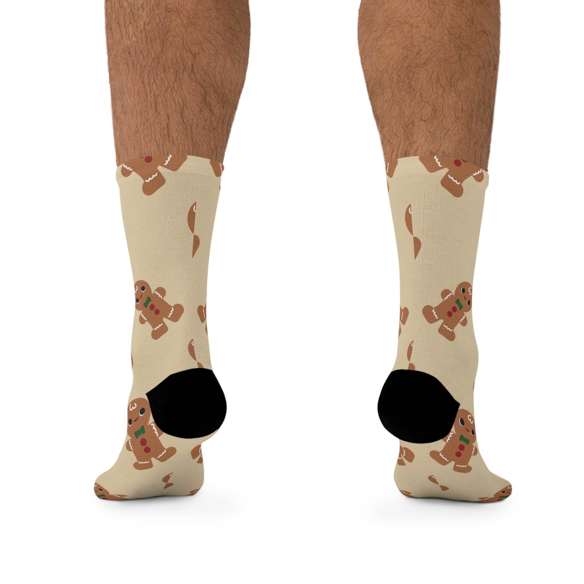 Printify eco-friendly ginger snaps socks with cute gingerbread man design on beige background