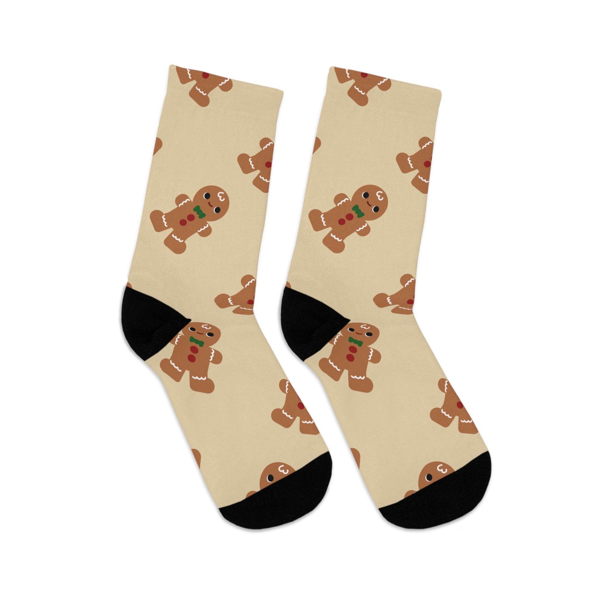 Printify eco-friendly ginger snaps socks featuring a beige background with gingerbread man patterns and black heels
