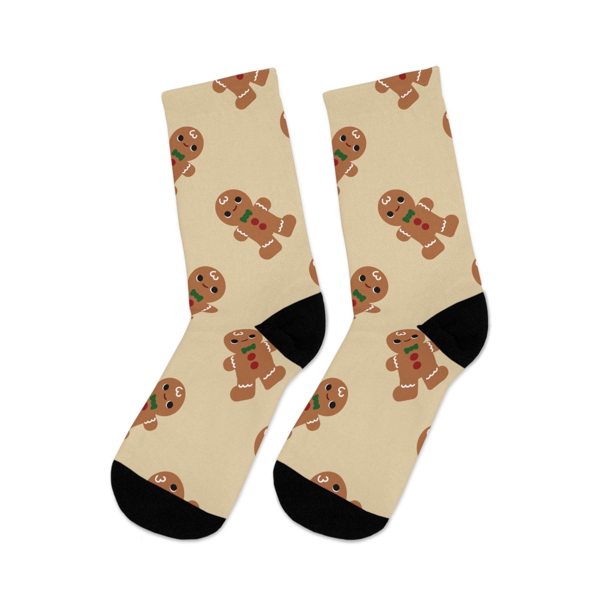 Printify eco-friendly ginger snaps socks featuring gingerbread men pattern with black toes and heels