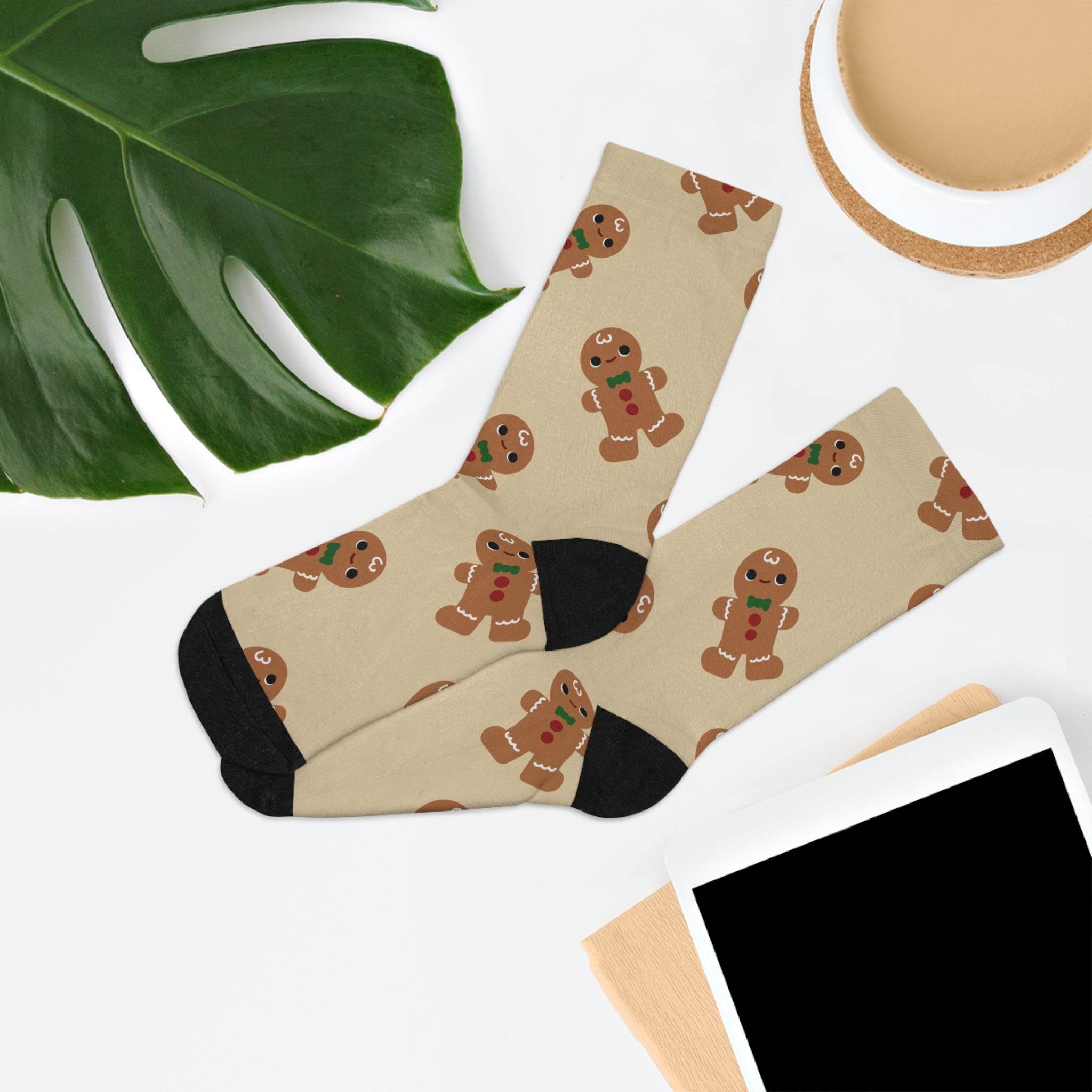 Printify eco-friendly ginger snaps socks with gingerbread man pattern and black heel and toe
