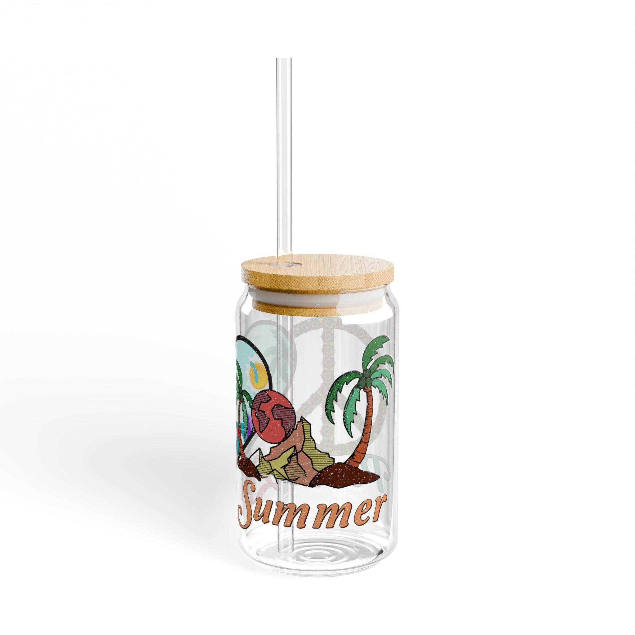 Printify eco-friendly glass sipper with bamboo lid and summer beach design featuring palm trees