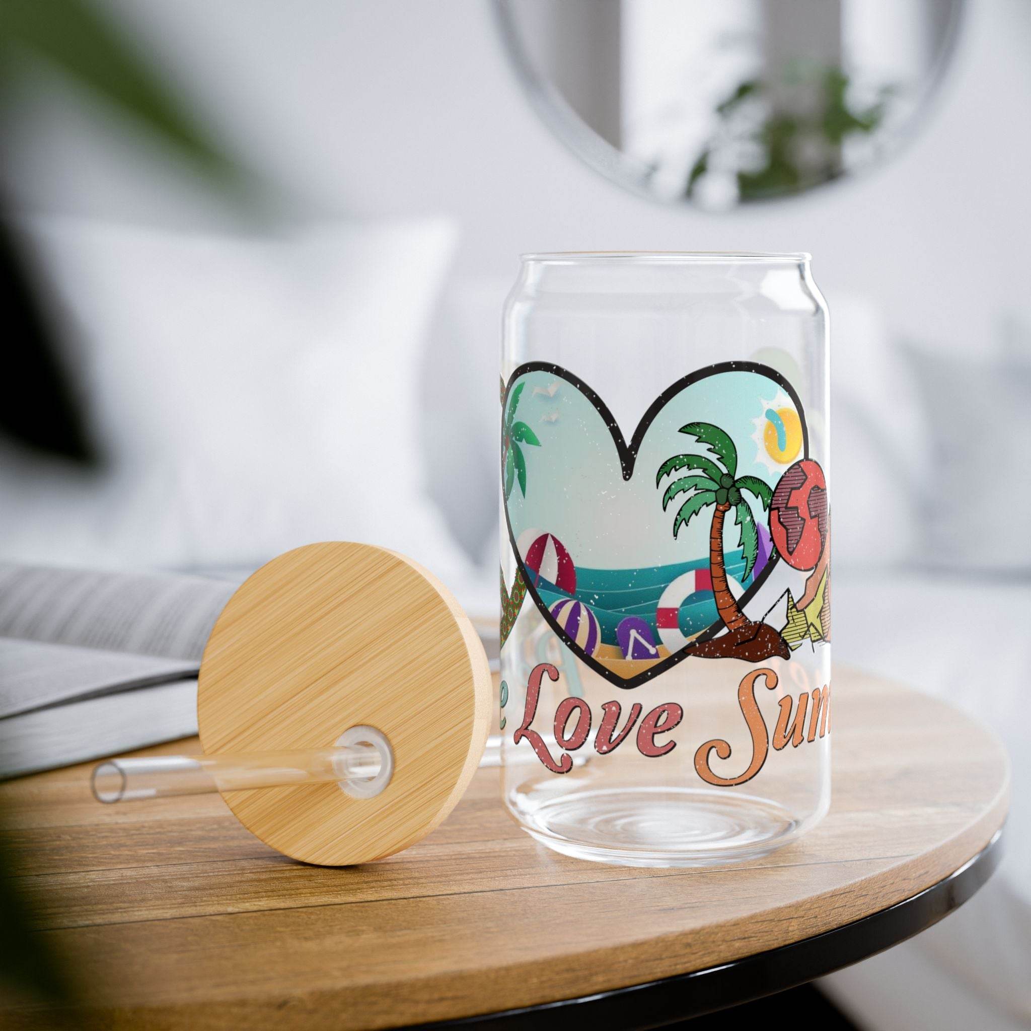 Printify eco-friendly glass sipper with tropical love summer design and bamboo lid on wooden table
