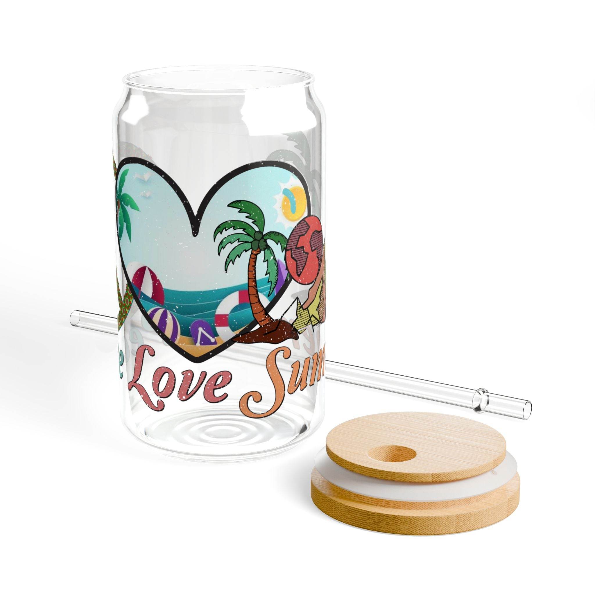 Printify eco-friendly glass sipper with summer beach design, bamboo lid, and clear reusable straw