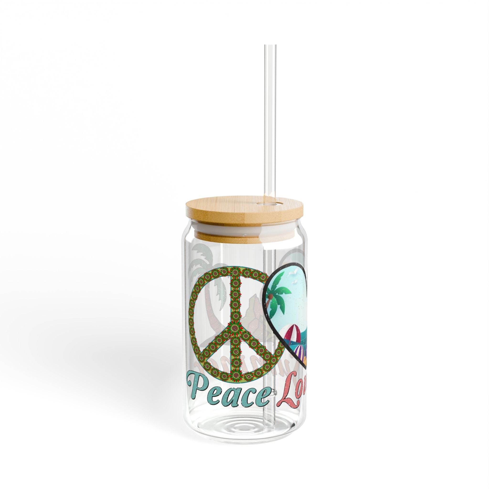 Printify eco-friendly glass sipper with wooden lid and peace love design for sustainable drinking