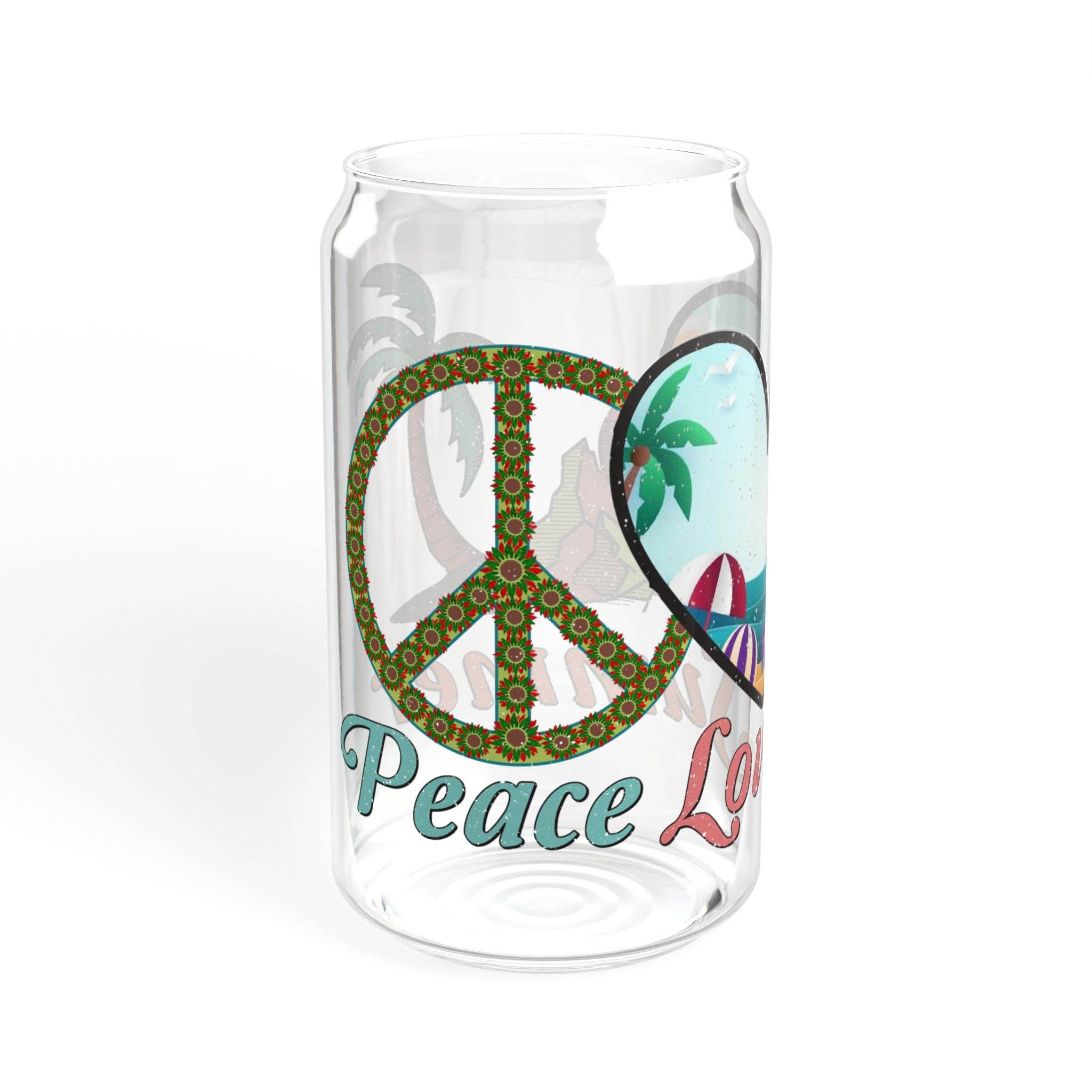Printify eco-friendly glass sipper with peace sign and tropical beach design
