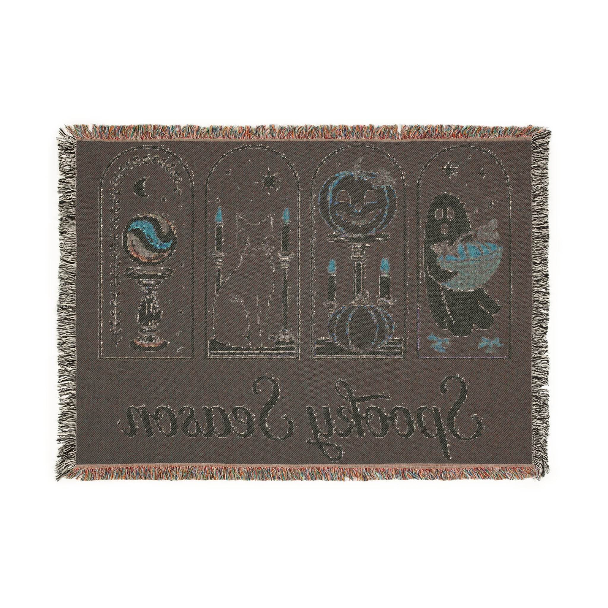 Printify eco-friendly Halloween blanket with spooky ghost, pumpkin, black cat, and magical symbols design